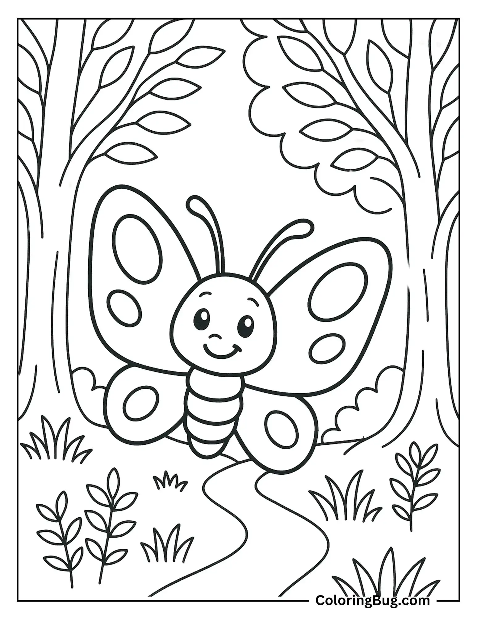 Butterfly Gliding Through Forest Trees Coloring sheet