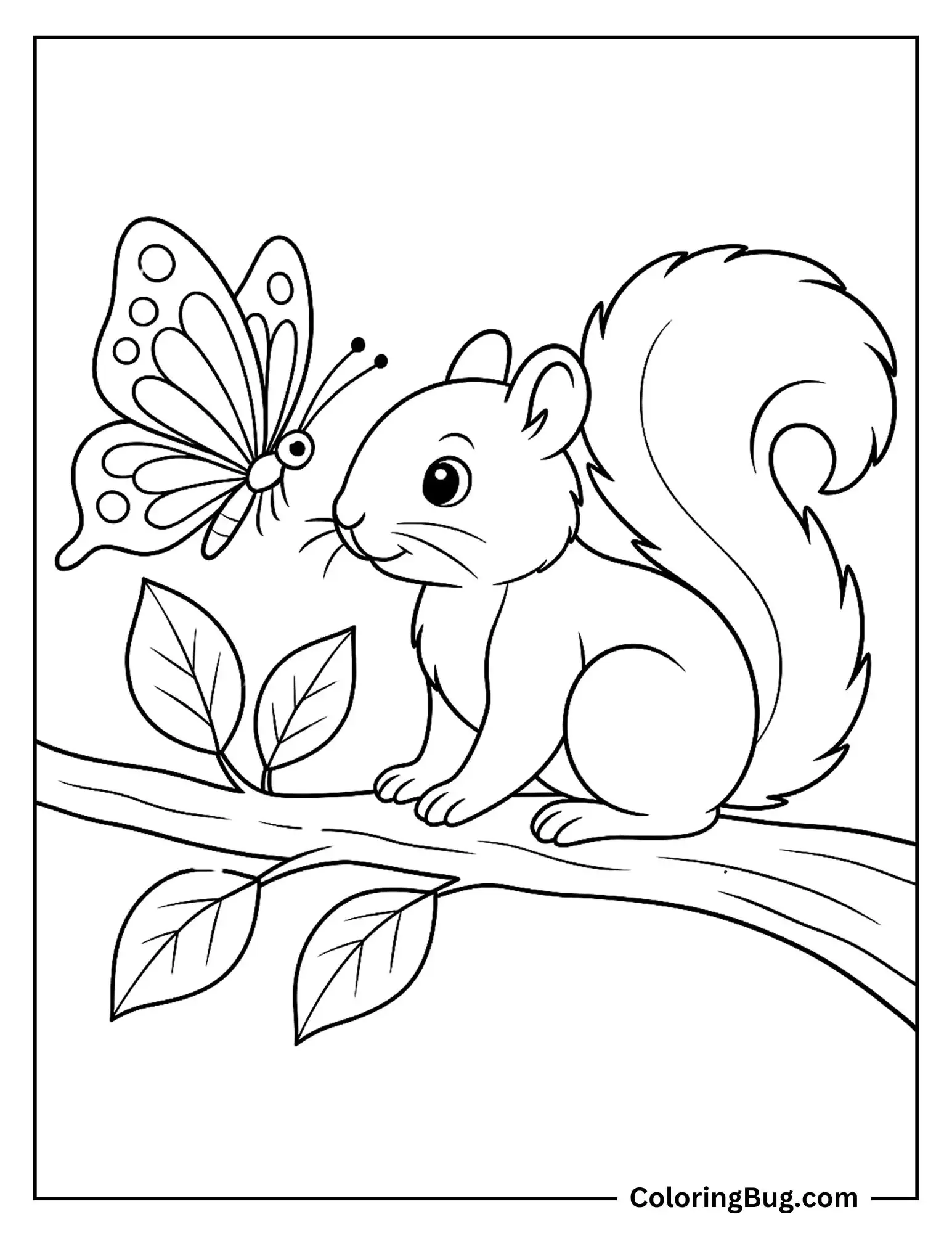 Butterfly Next to a Squirrel on a Branch Coloring sheet