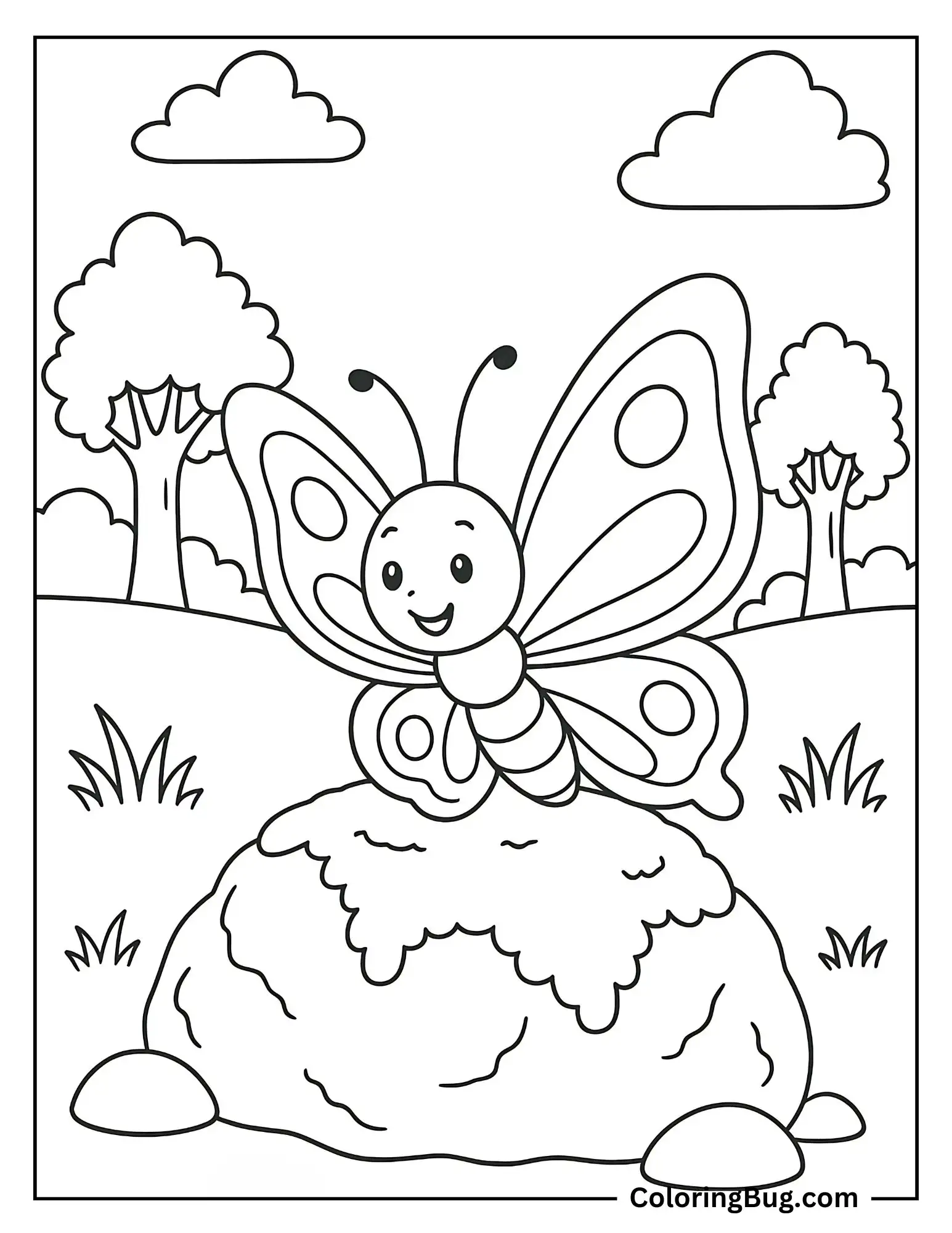 Butterfly Sitting on Moss-Covered Rock Coloring sheet