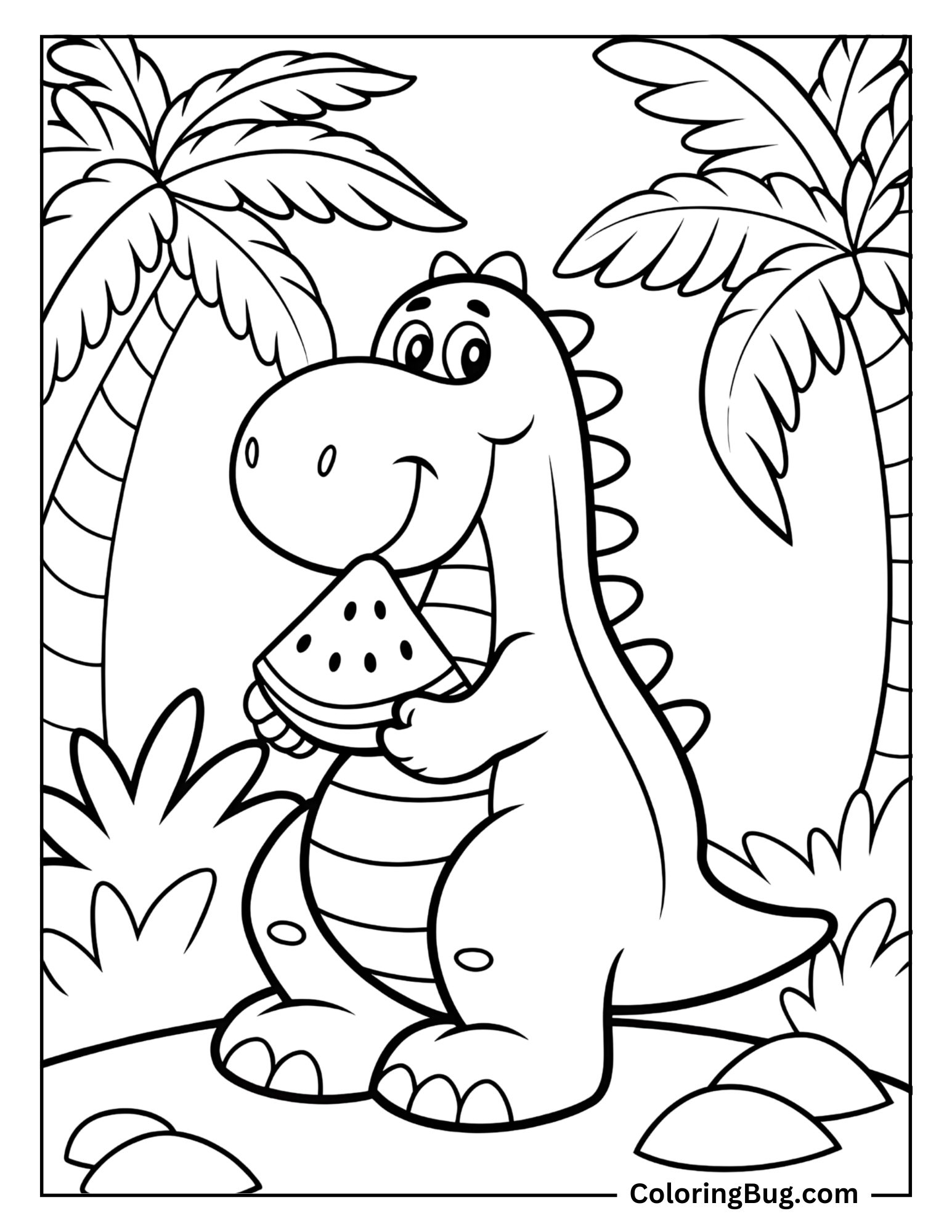 Cartoon Dinosaur Eating Slice of Watermelon Coloring sheet