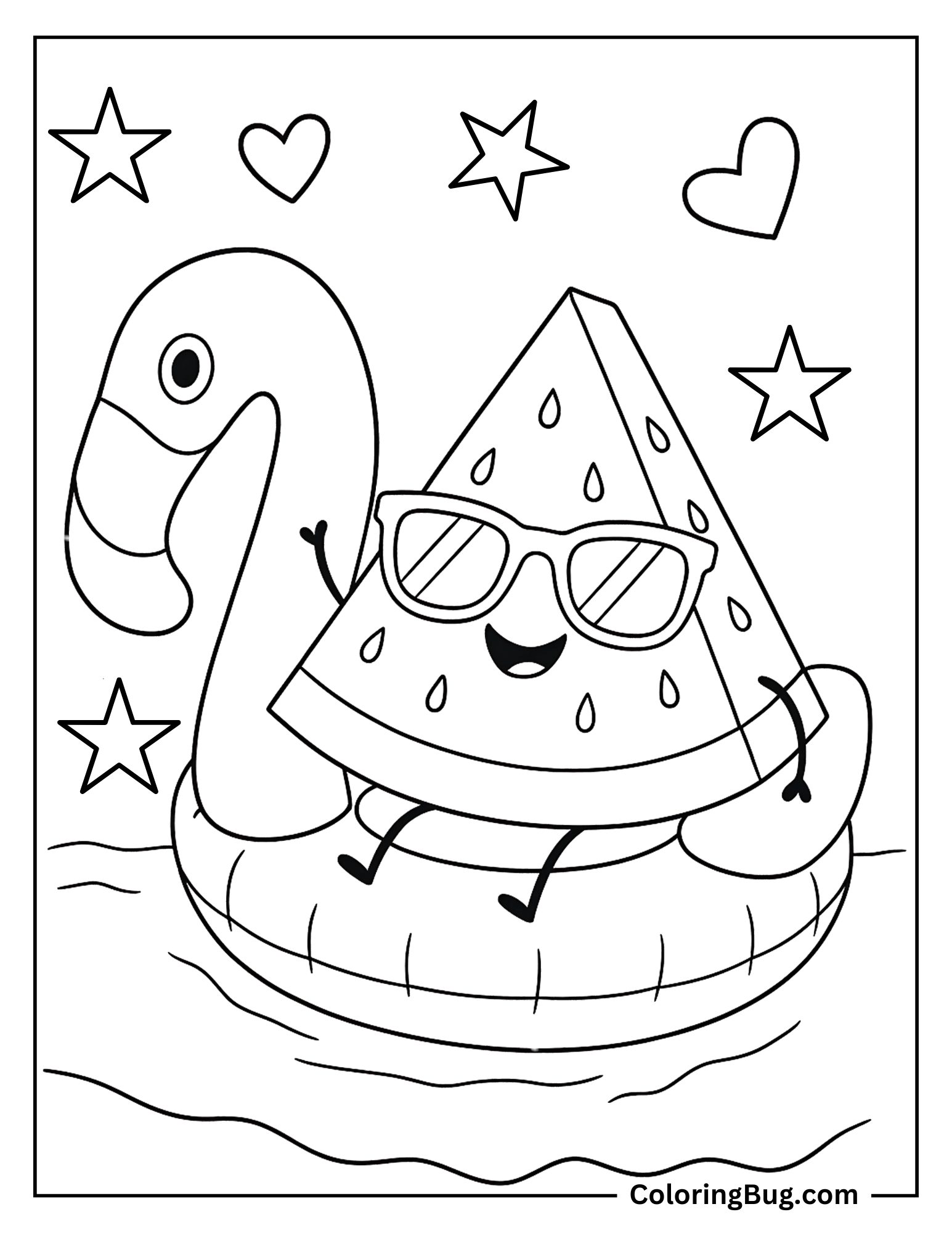 Cartoon Watermelon in a Flamingo Floatie Coloring Sheet