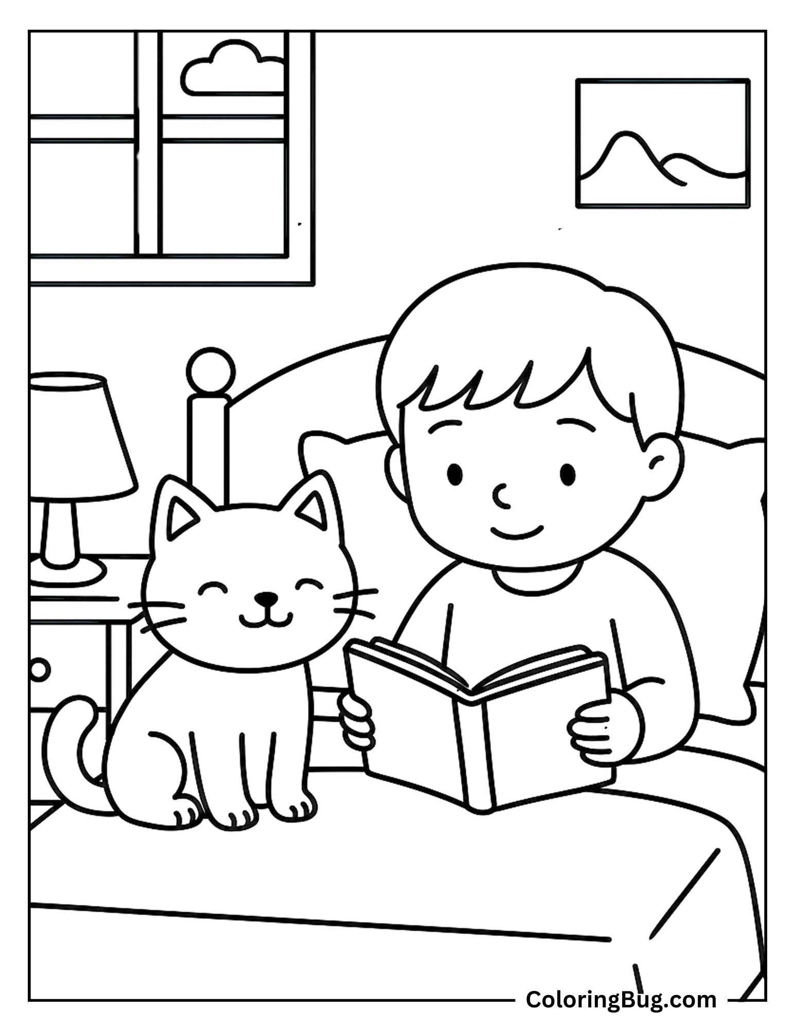 Cat Bed Time Story Time Coloring Sheet