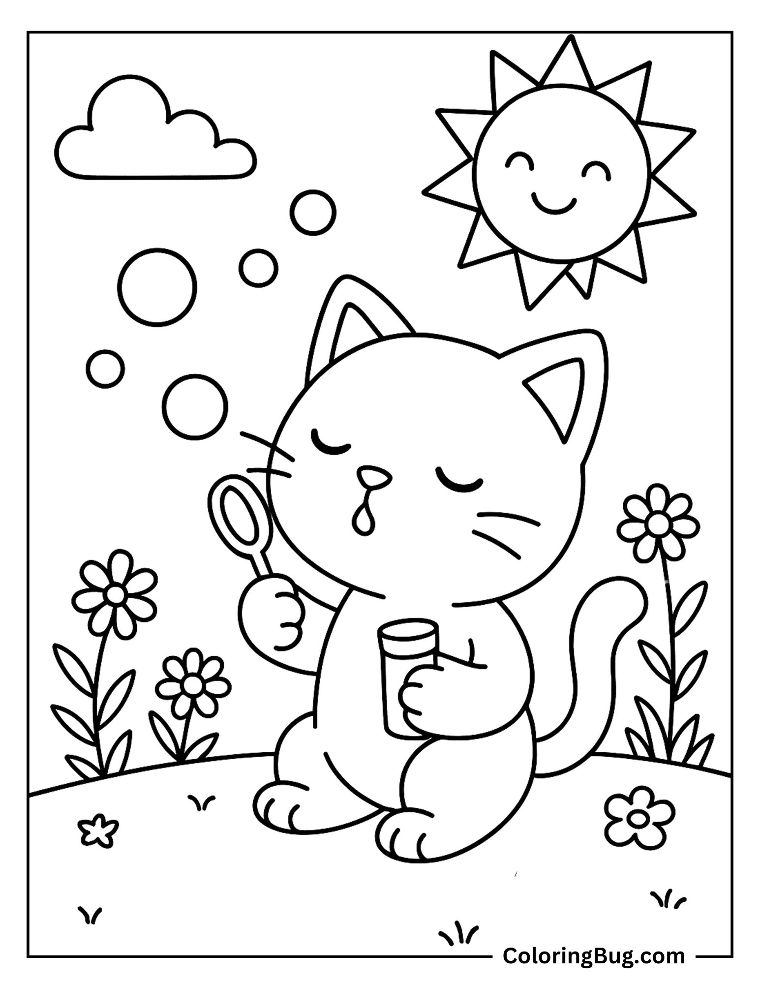 Cat Blowing Bubbles Coloring Sheet