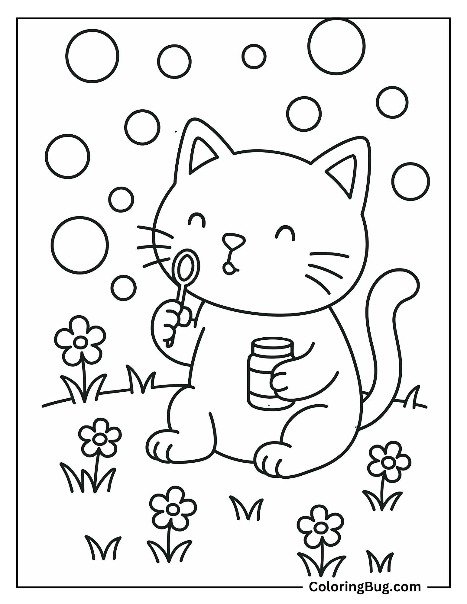 Cat Blowing Bubbles in Meadow Coloring Sheet