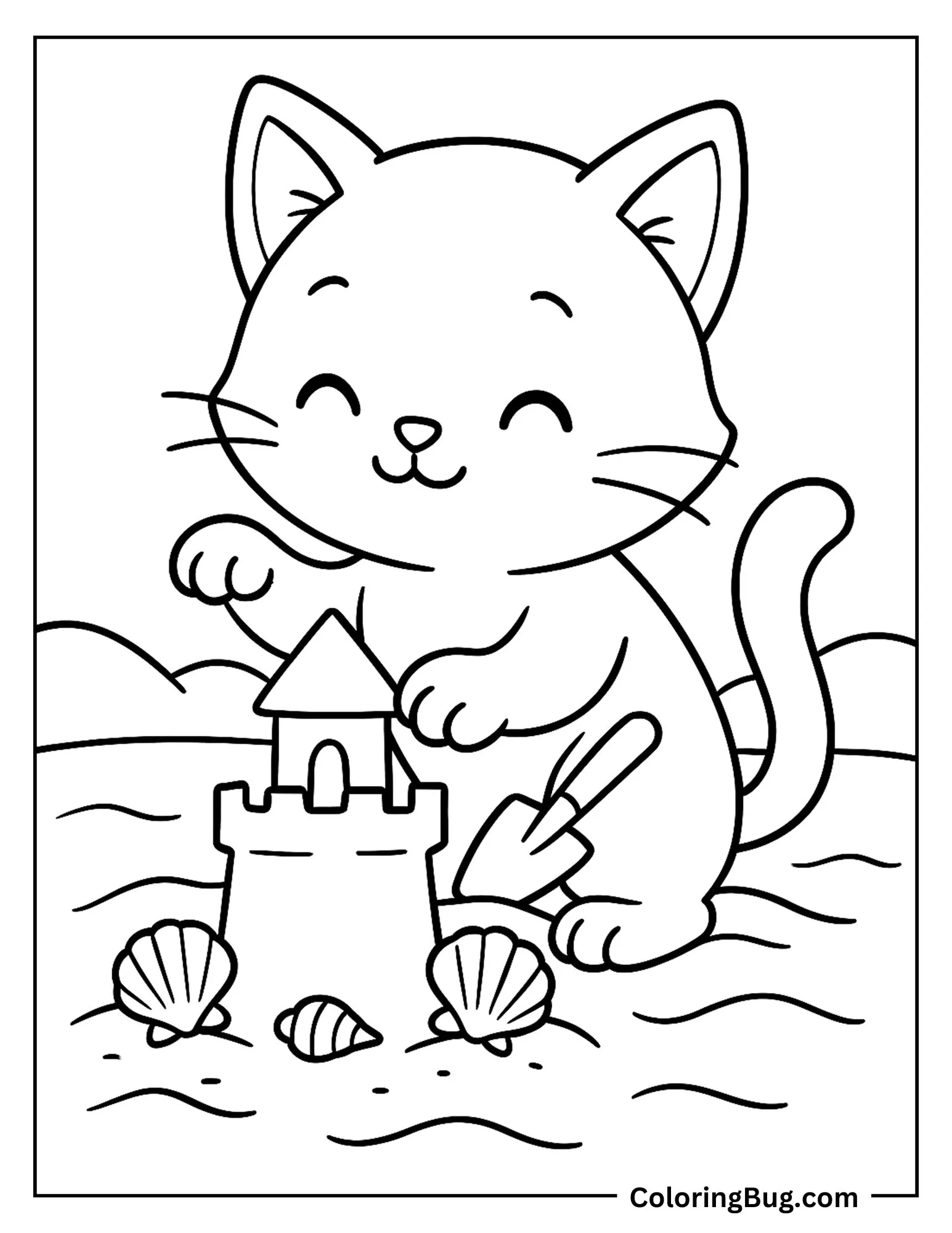 Cat Building Sand Castle on Beach Coloring Sheet