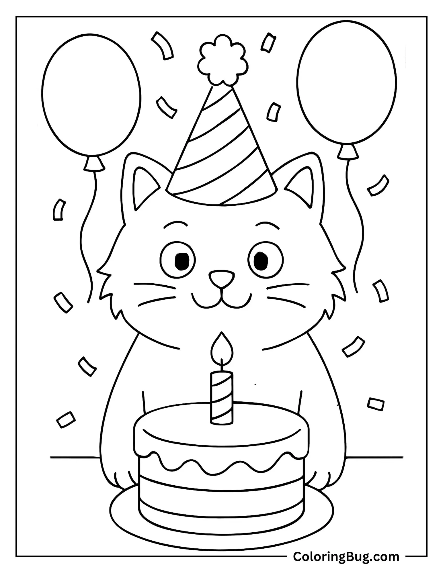 Cat Celebrating Its Birthday Coloring Sheet