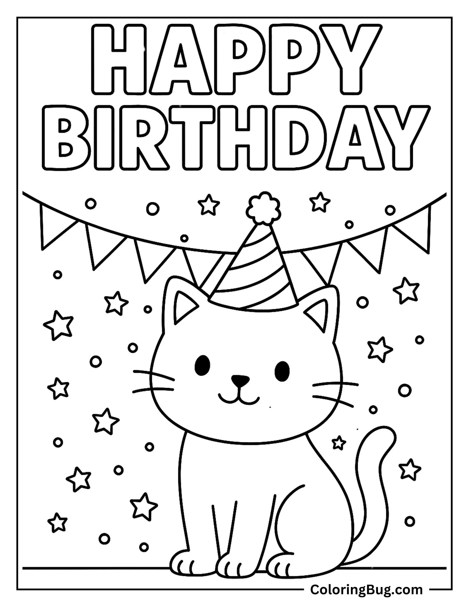 Cat Celebrating Its Birthday With Happy Birthday Text Coloring Sheet