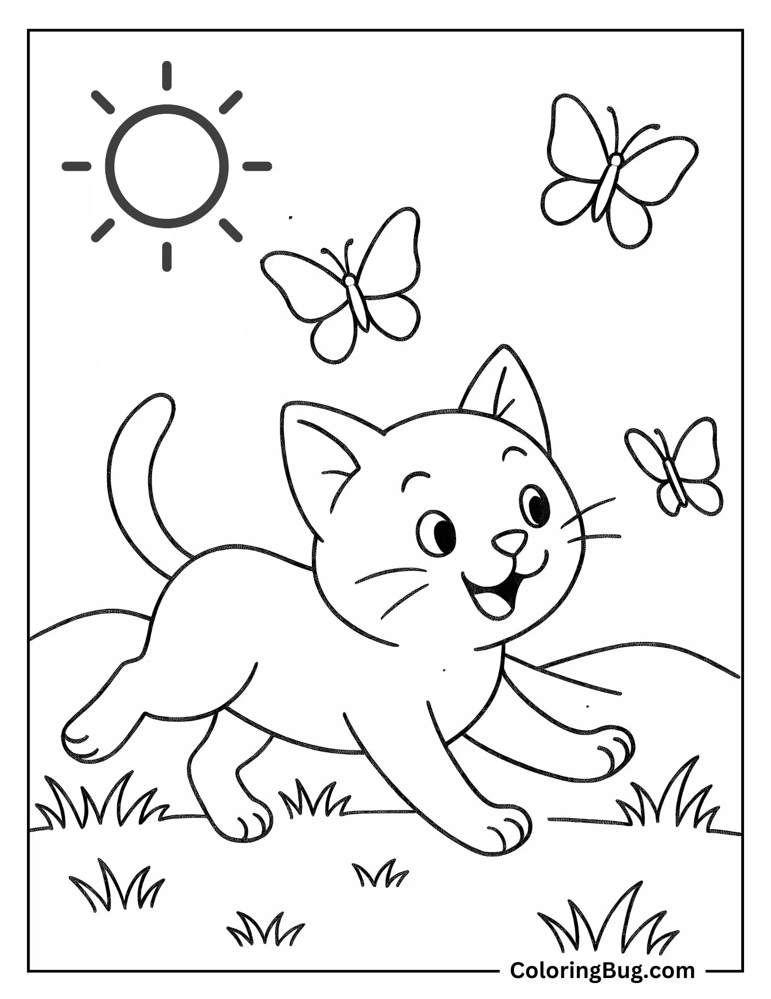 Cat Chasing Butterflies Coloring Sheet