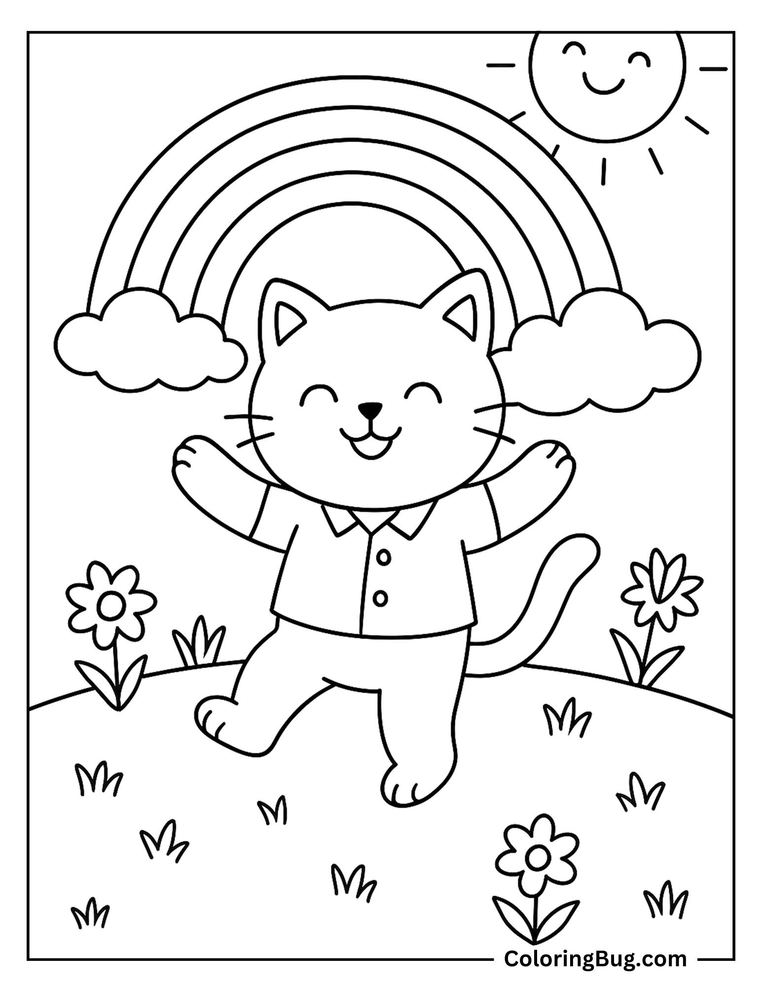 Cat Dancing With Rainbow Coloring Sheet