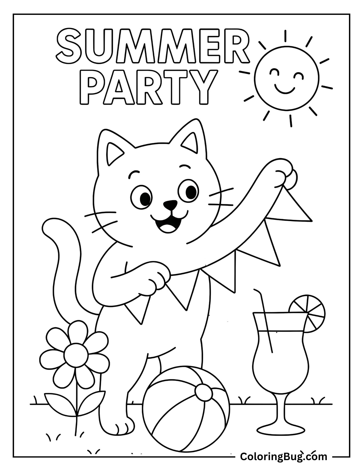 Cat Decorating For Summer Party Coloring Sheet