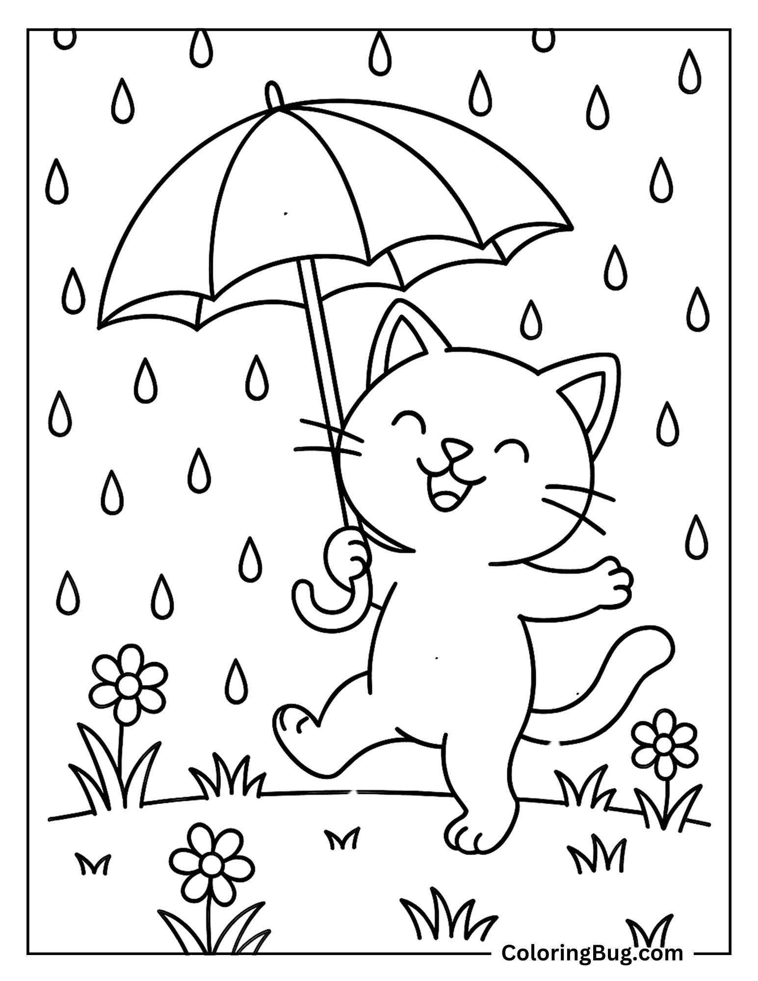 Cat Enjoying Rain Coloring Sheet