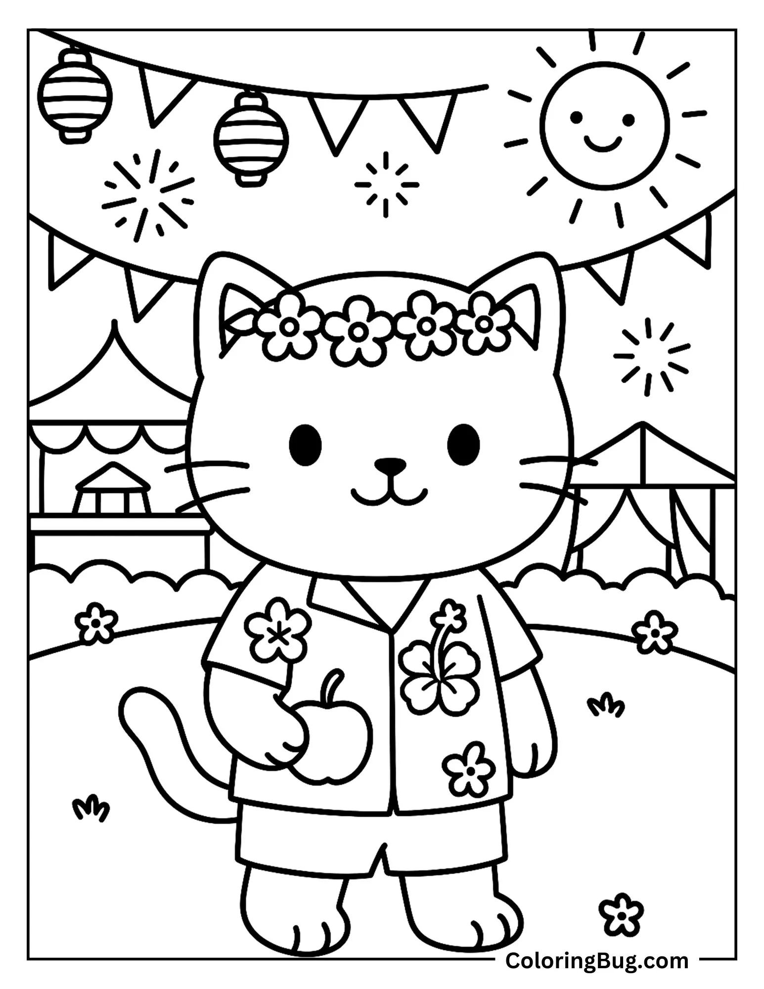 Cat Enjoying in Summer Festival Coloring Sheet