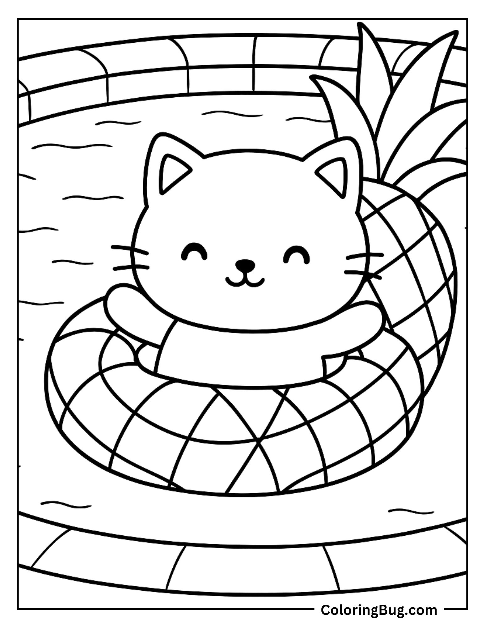 Cat Floating in Pineapple Floatie Coloring Sheet