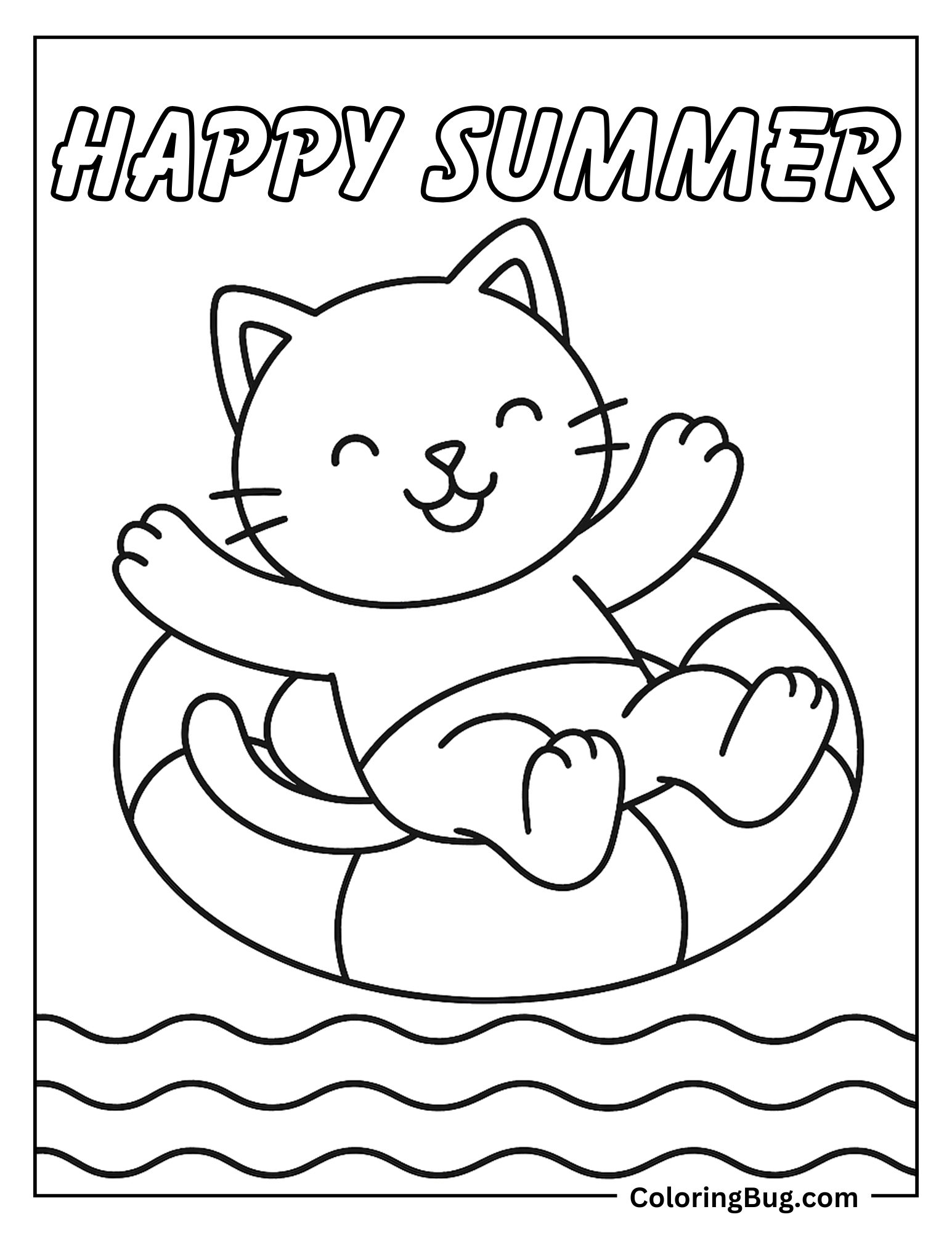 Cat Floating on Pool Ring Coloring Sheet