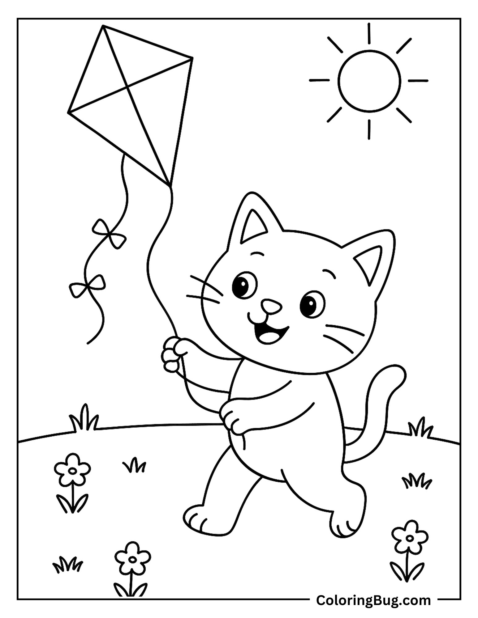 Cat Flying a Kite in Sunny Meadow Coloring Sheet (1)