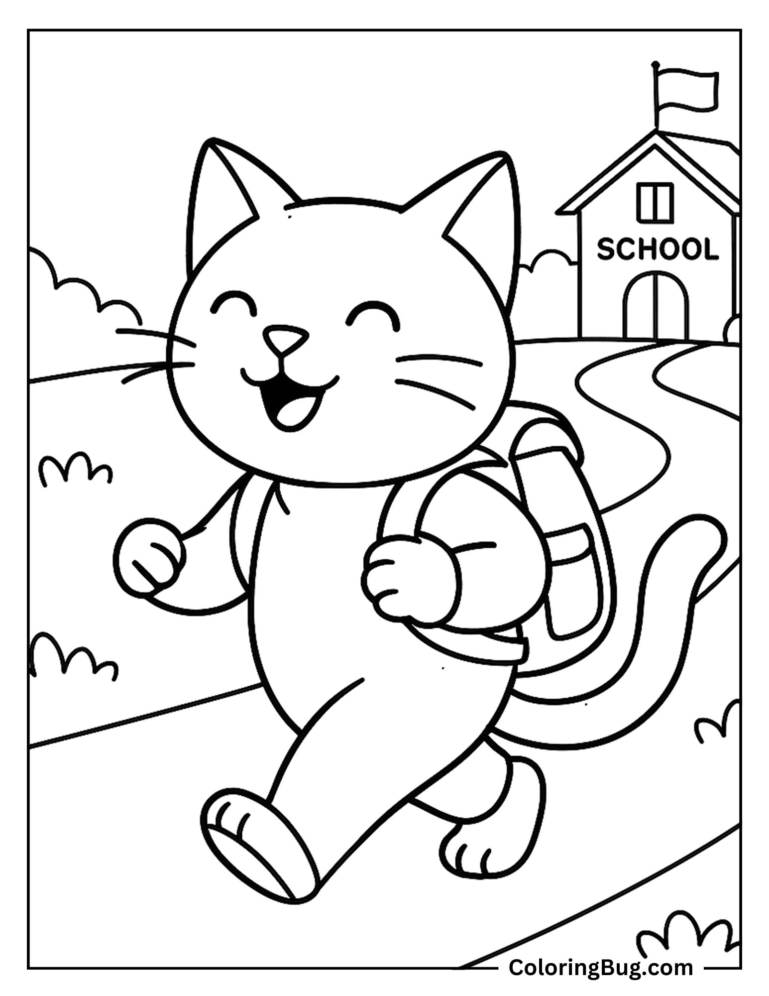 Cat Going Home After School Coloring Sheet