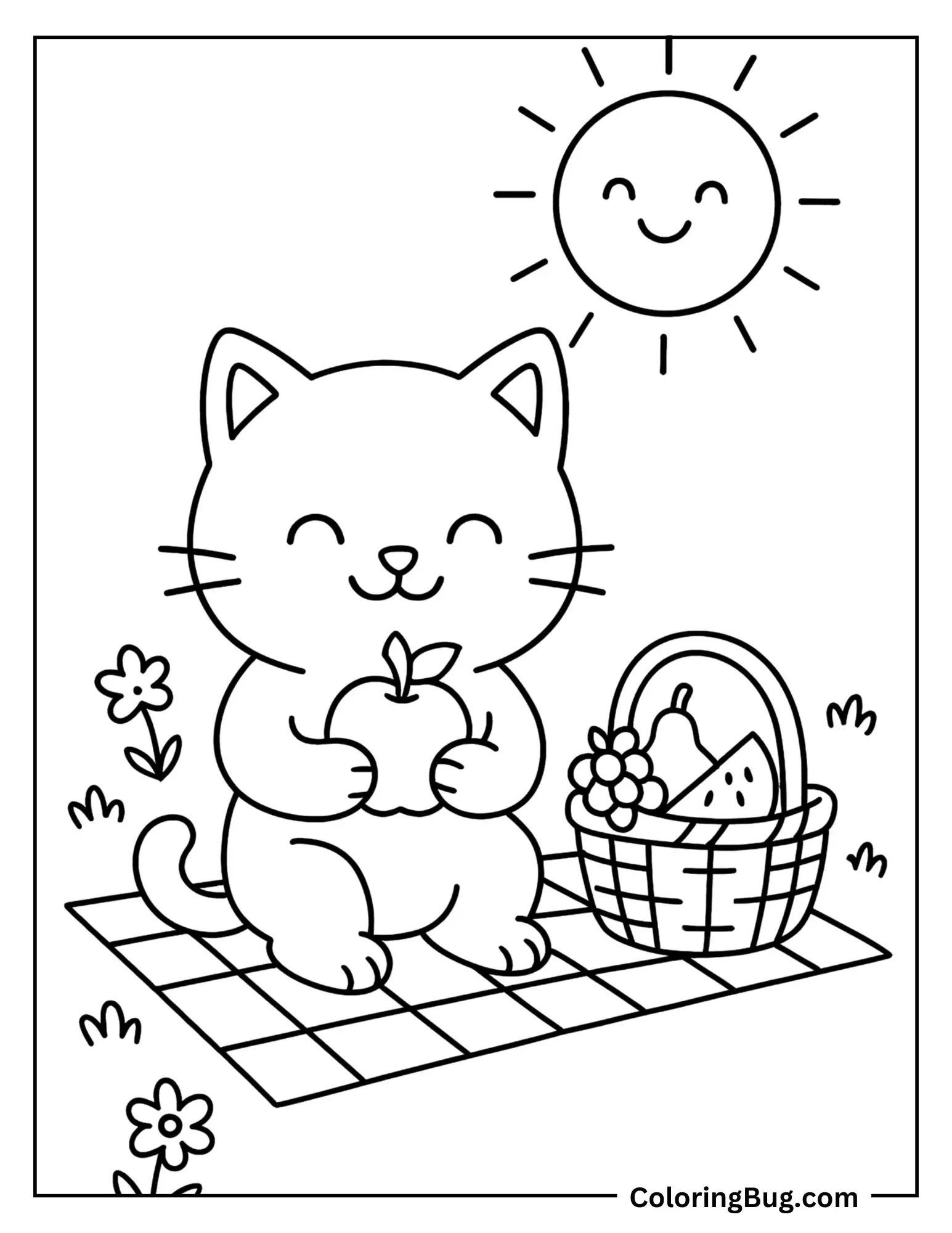 Cat Having Fruits Picnic Coloring Sheet