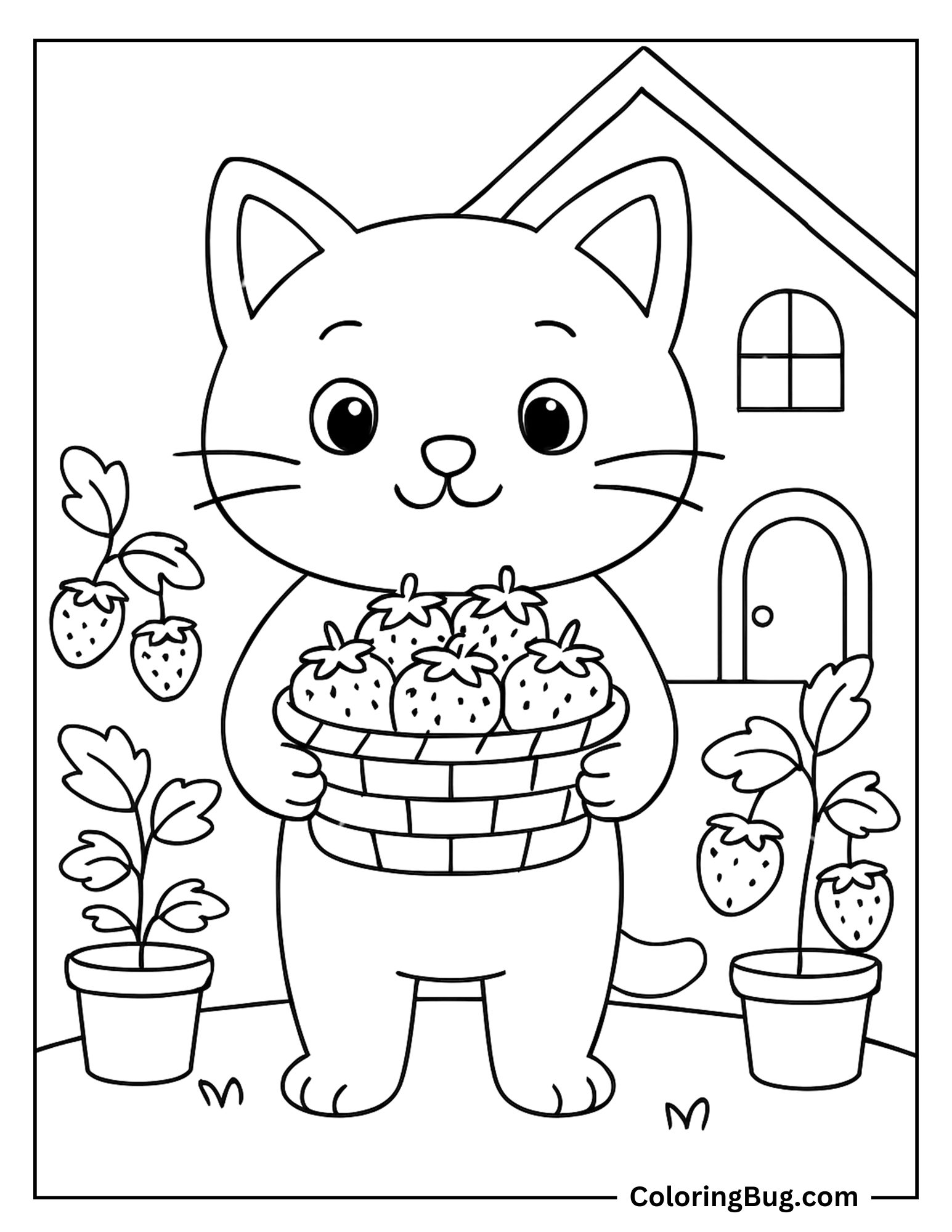 Cat Holding Basket of Strawberries Coloring Sheet