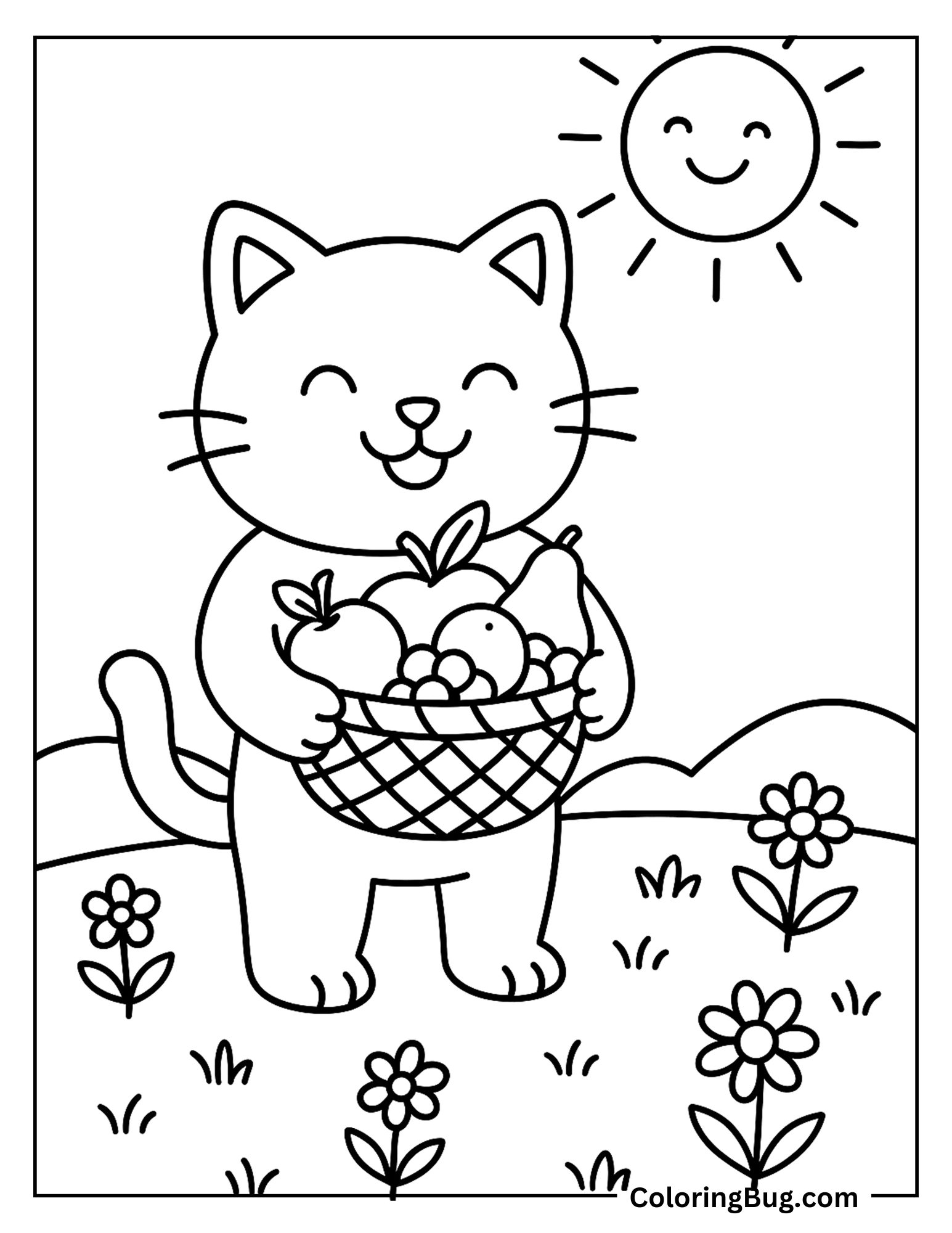 Cat Holding Fruits Basket Coloring Sheet