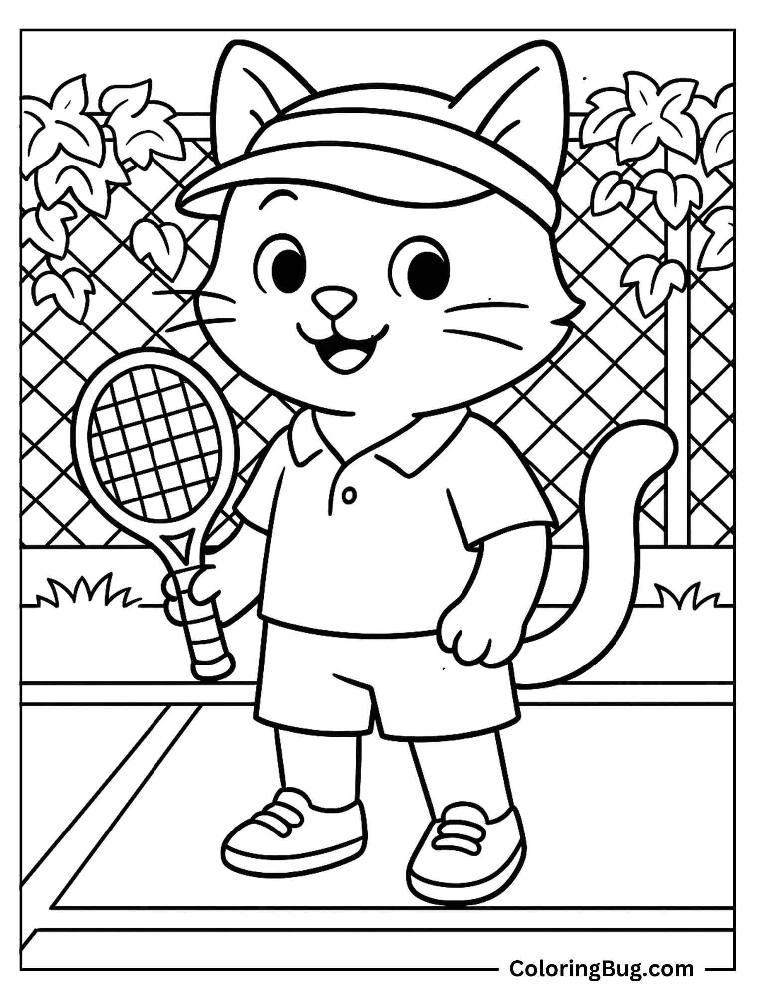 Cat Holding a Tiny Tennis Racket Coloring Sheet