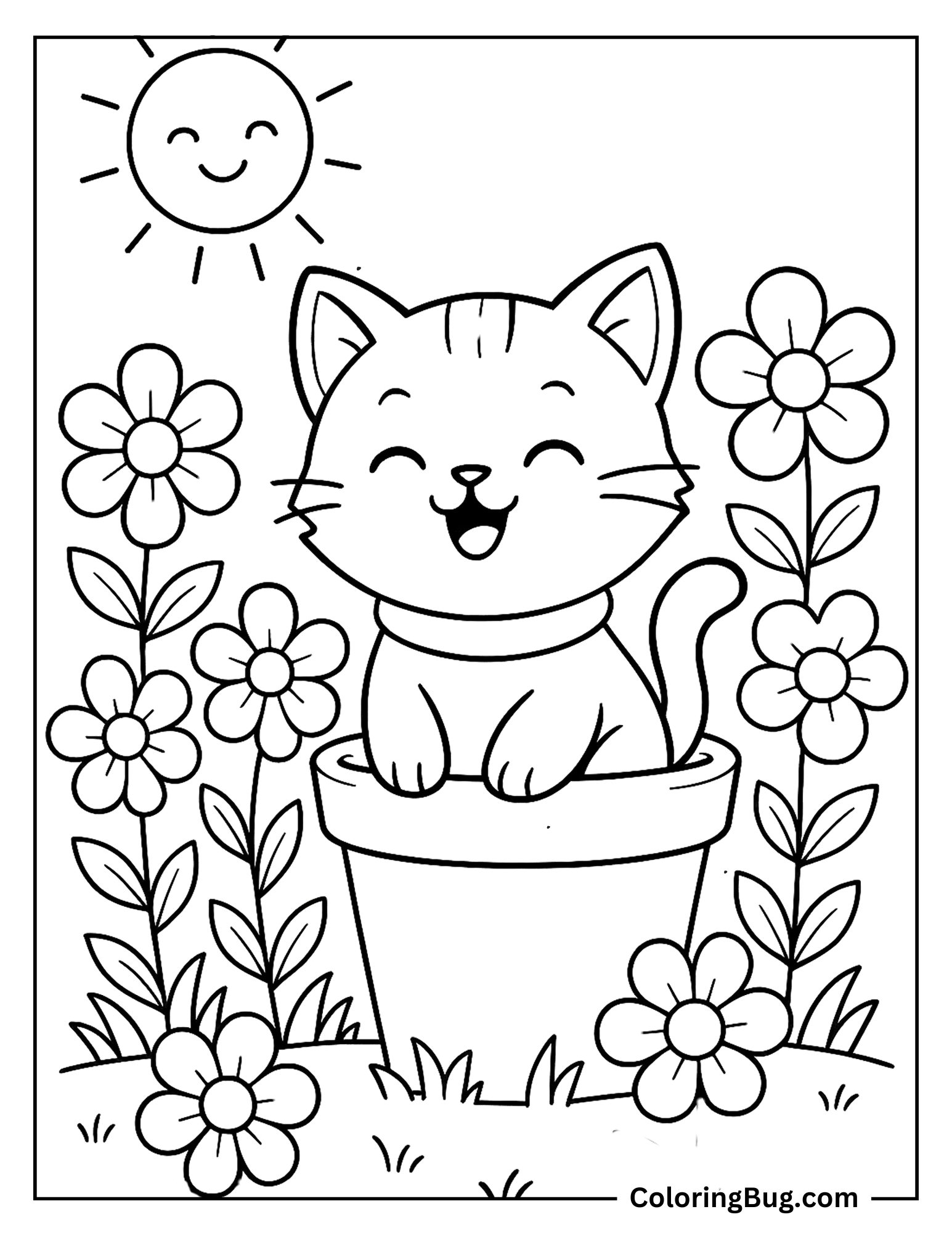 Cat Inside Flower Pot Coloring Sheet