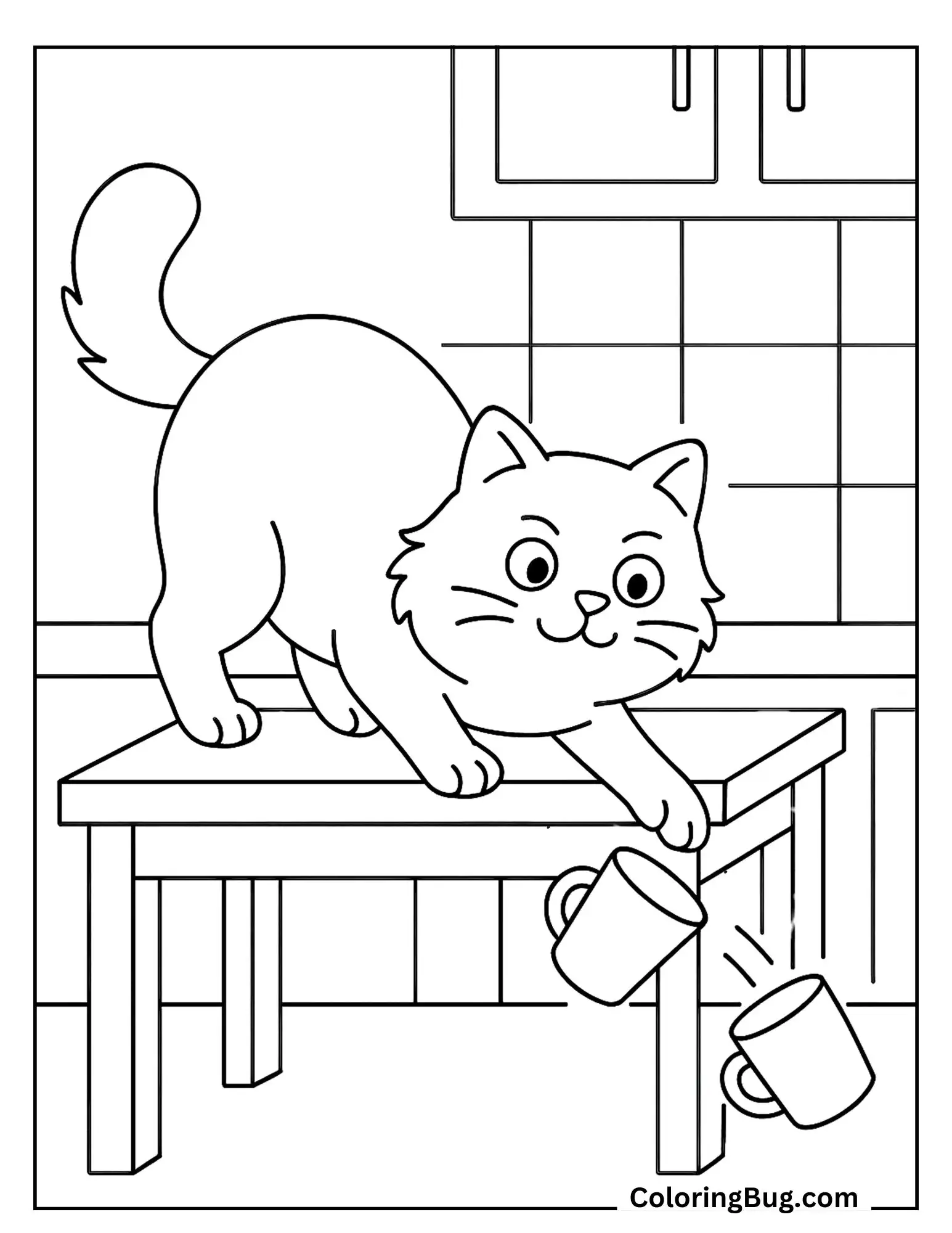 Cat Knocking Cups off the Table Coloring Sheet