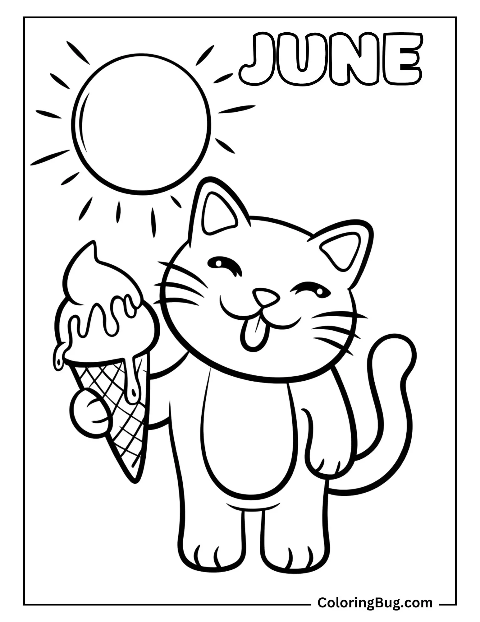 Cat Licking an Ice Cream Cone That’s Melting in the Summer Heat Coloring sheet