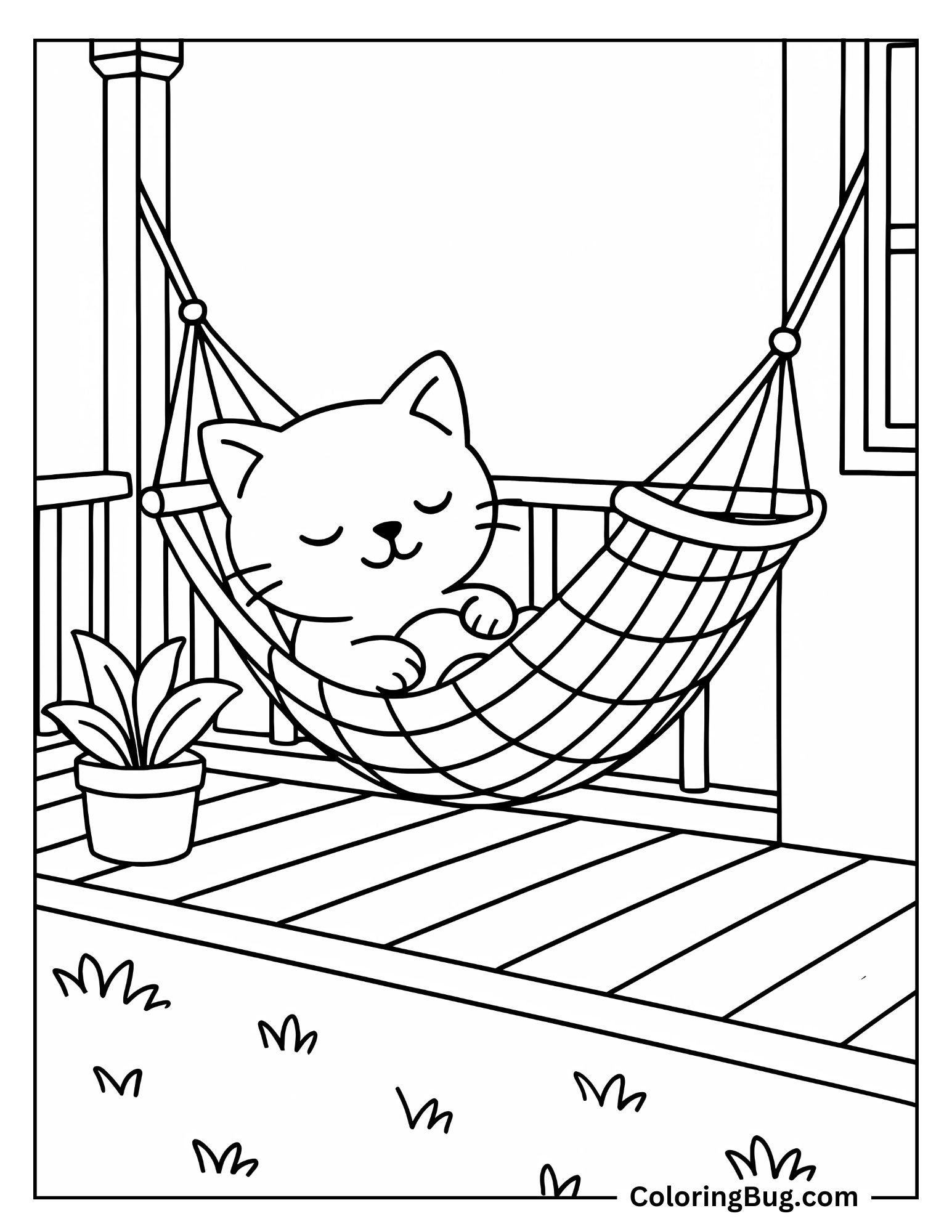 Cat Napping in Hammock Coloring Sheet