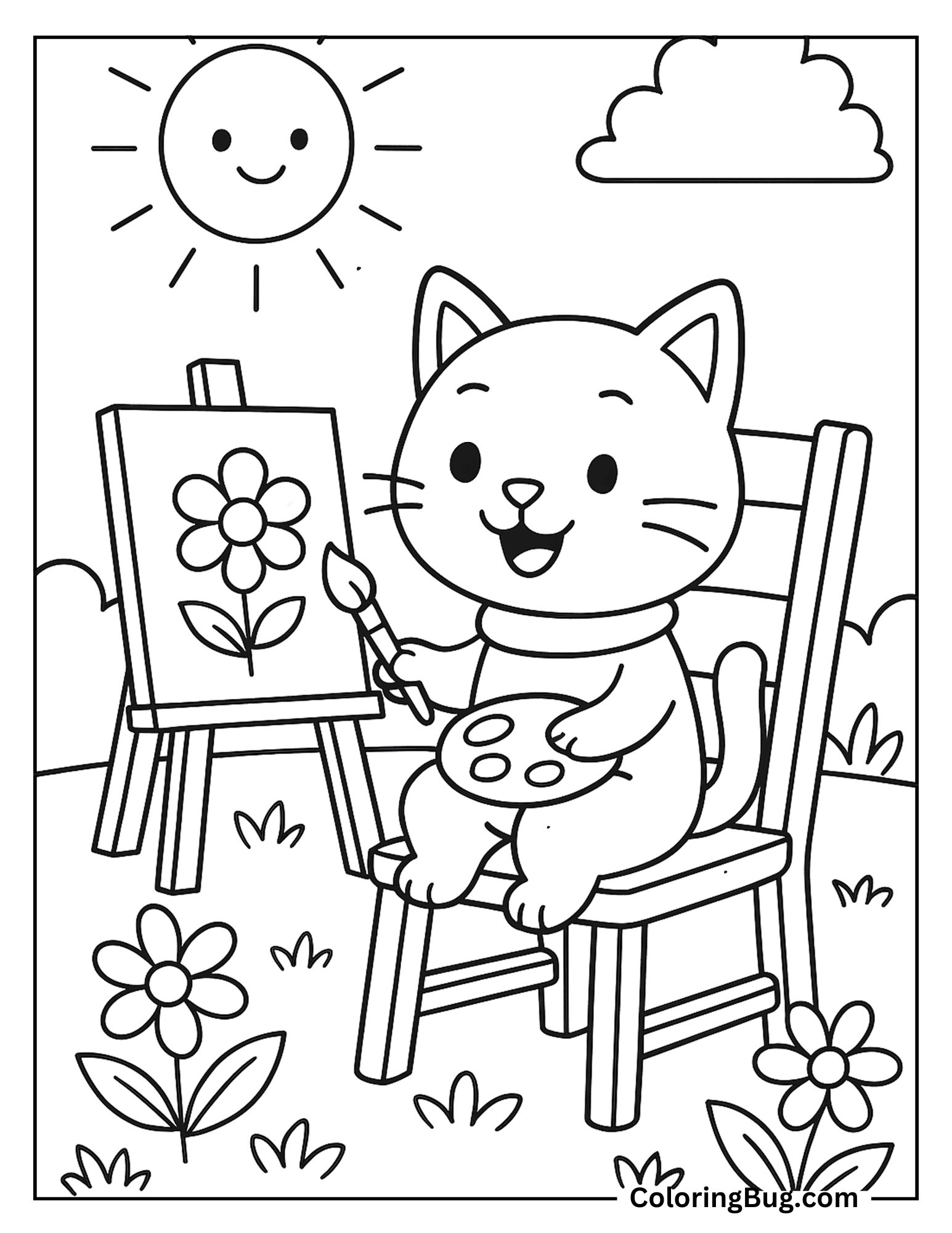 Cat Painting on Sunny Day Coloring Sheet