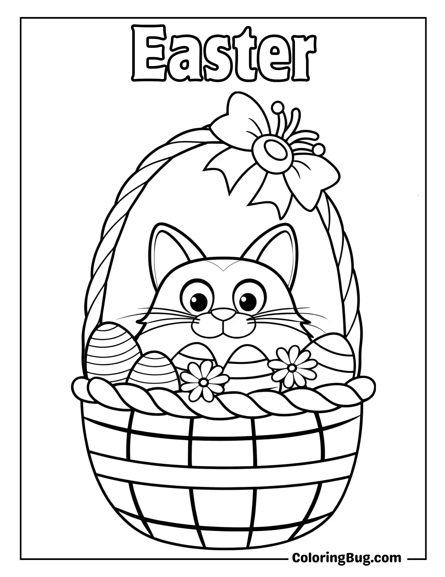 Cat Peeking Out of Easter Basket Coloring Sheet