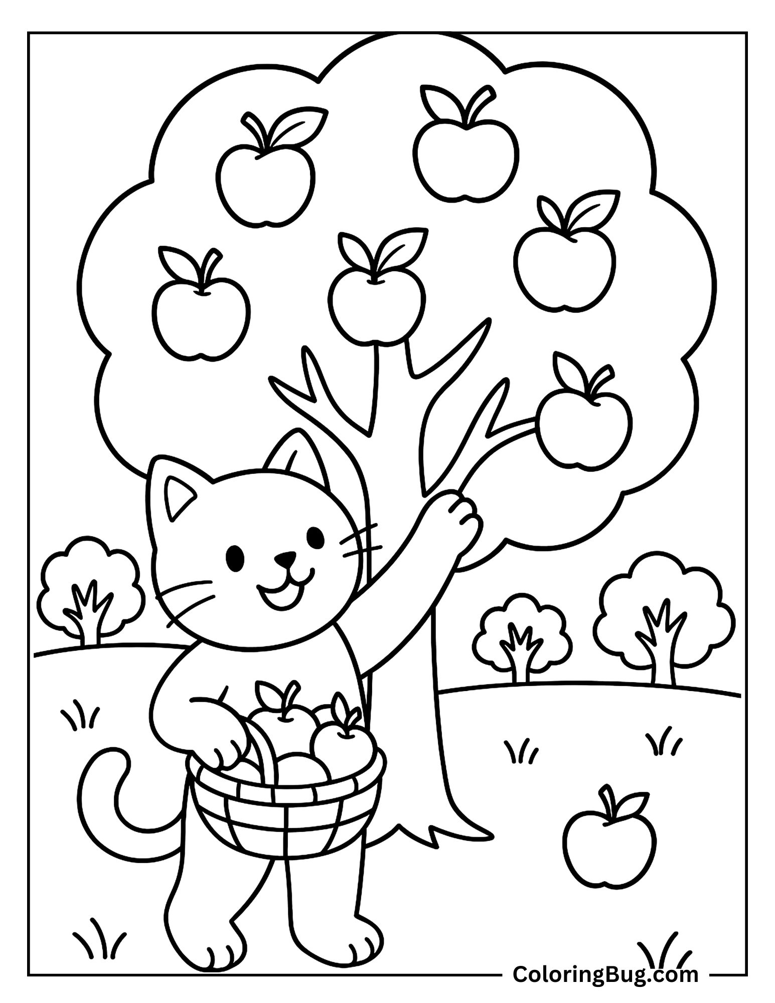 Cat Piking Apple Coloring Sheet