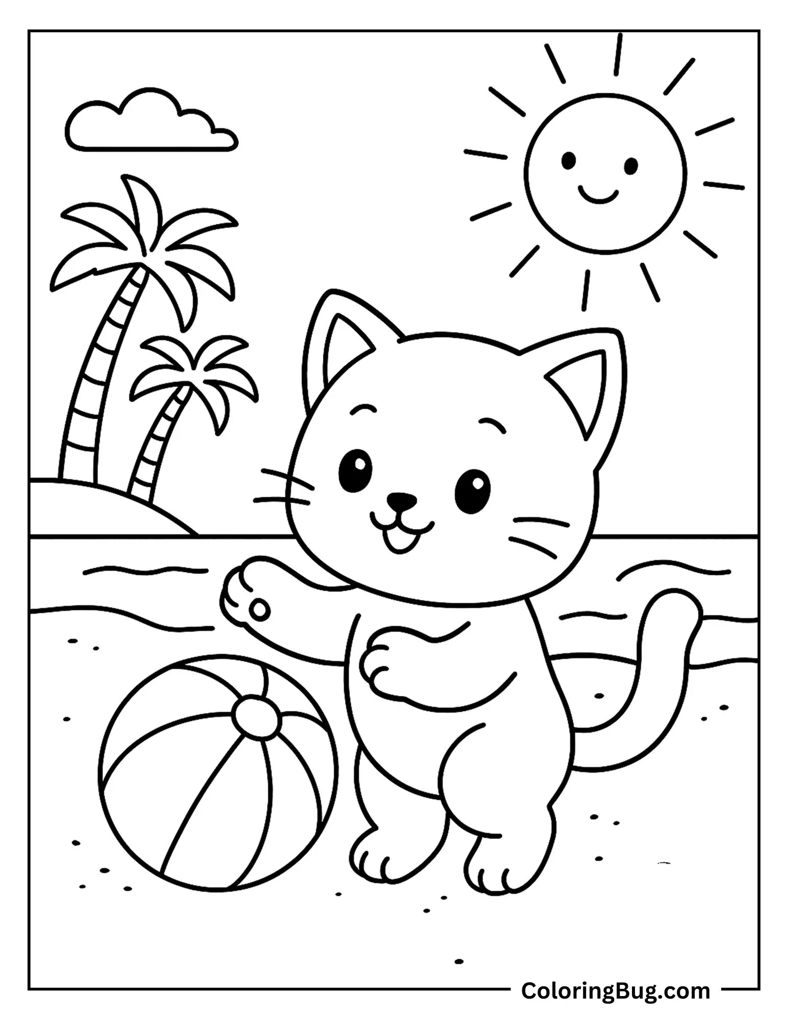 Cat Playing With Ball on Beach Coloring Sheet
