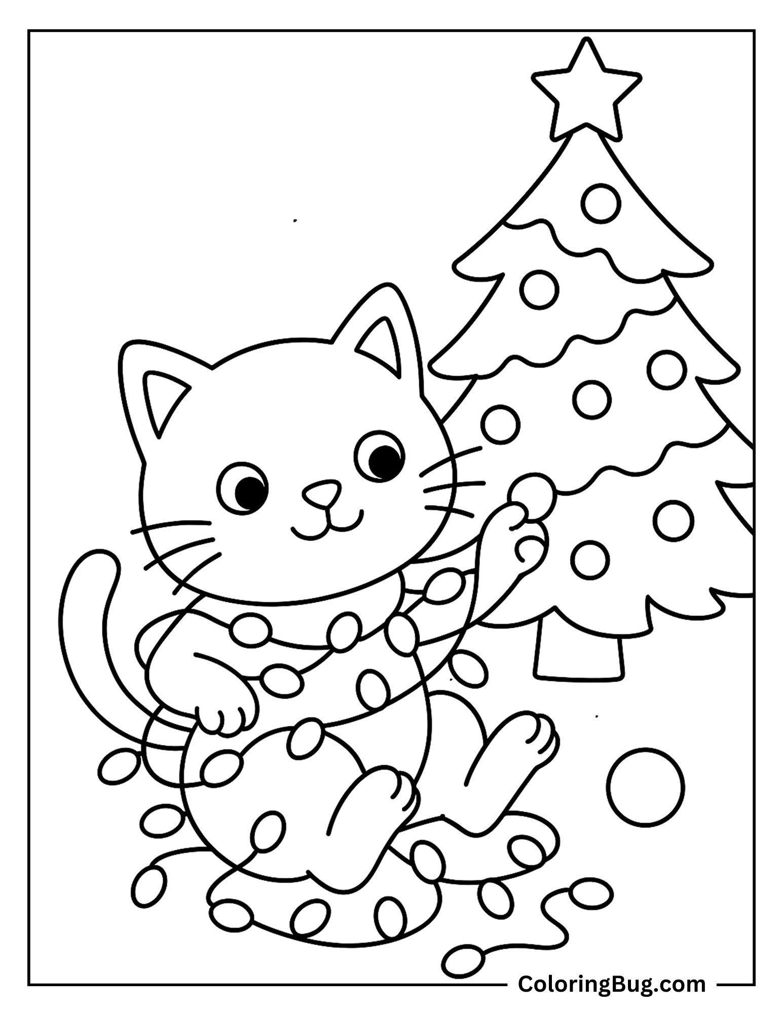 Cat Playing With Christmas Lights Coloring Sheet