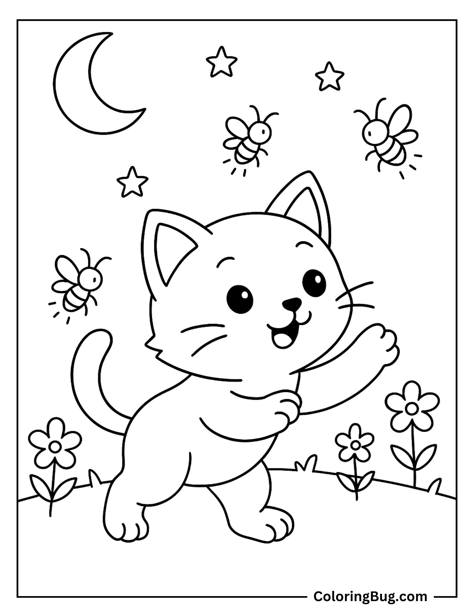 Cat Playing With Fireflies Coloring Sheet
