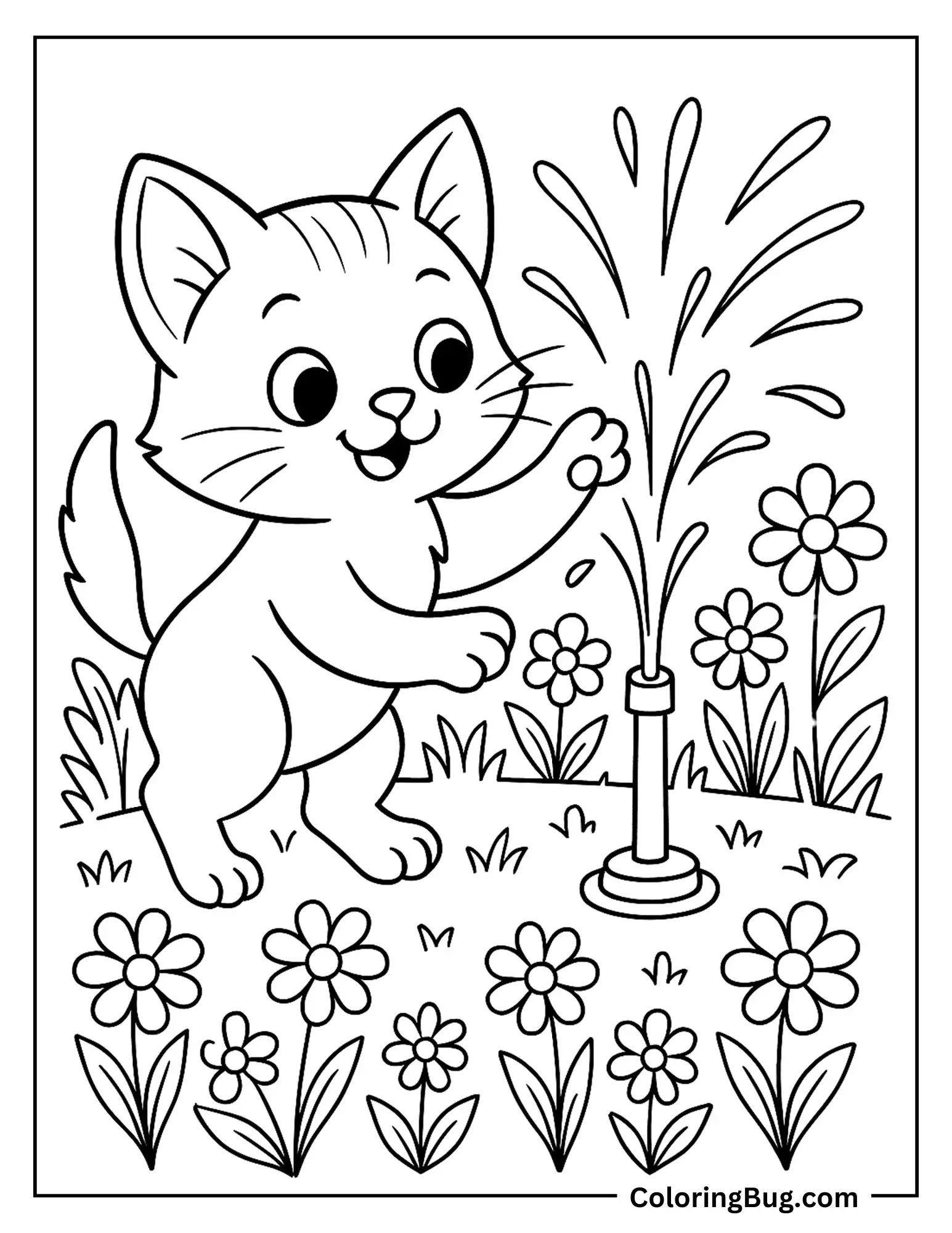 Cat Playing With Water Sprinkler Coloring Sheet