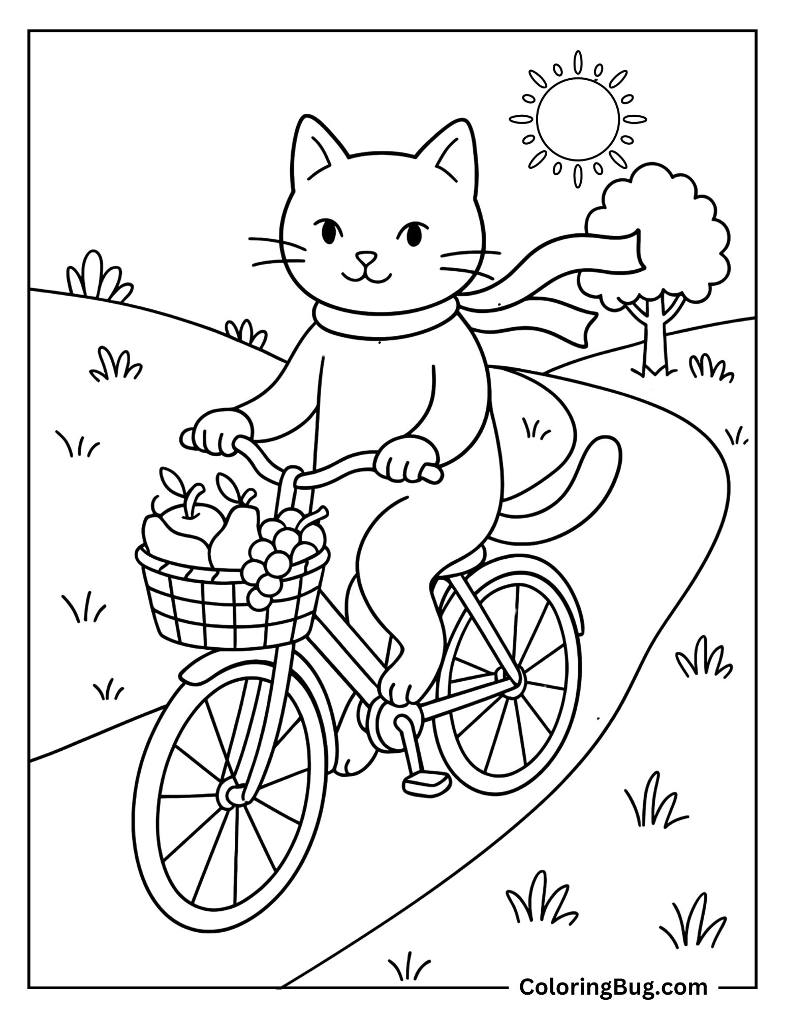 Cat Riding a Bicycle Down a Country Lane Coloring Sheet