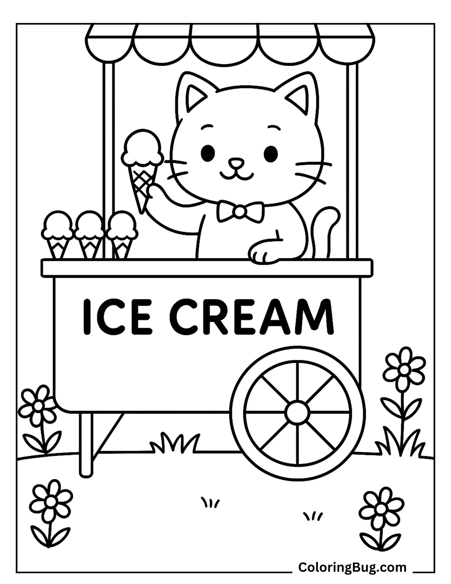 Cat Selling Ice Creams Coloring Sheet
