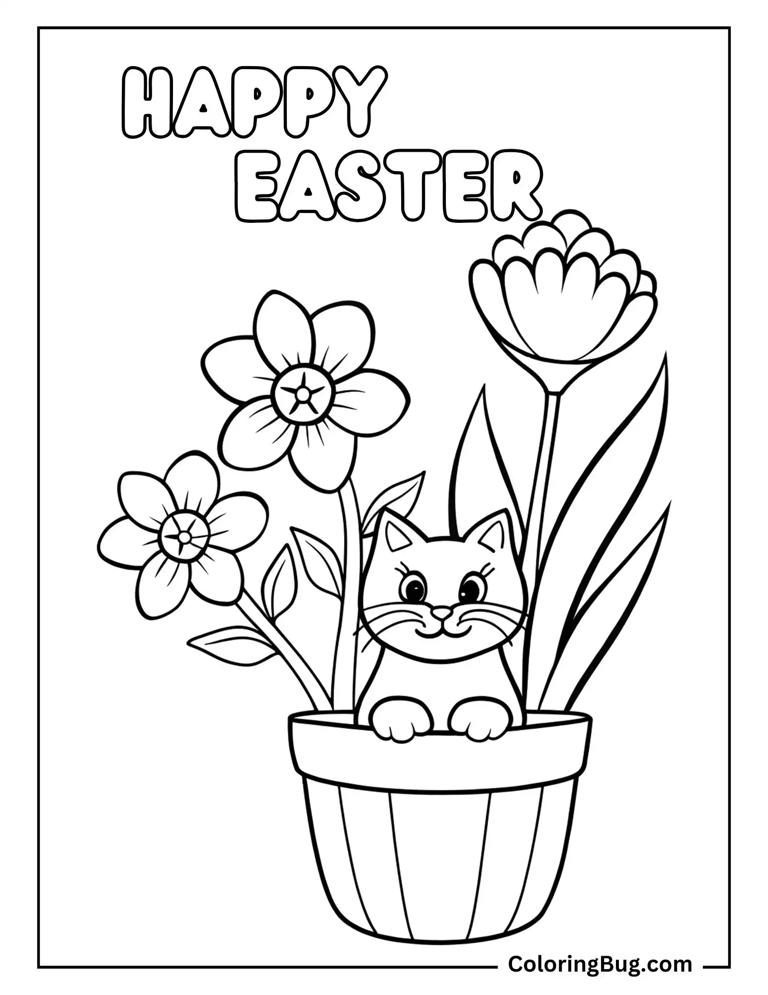Cat Sitting in Flowers Pot Coloring sheet