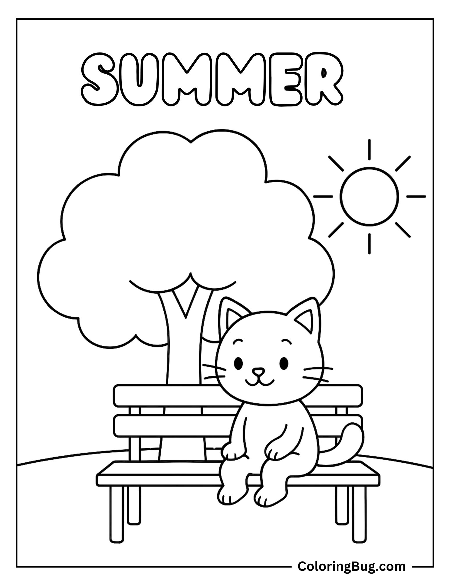 Cat Sitting on Bench Under Tree Coloring Sheet