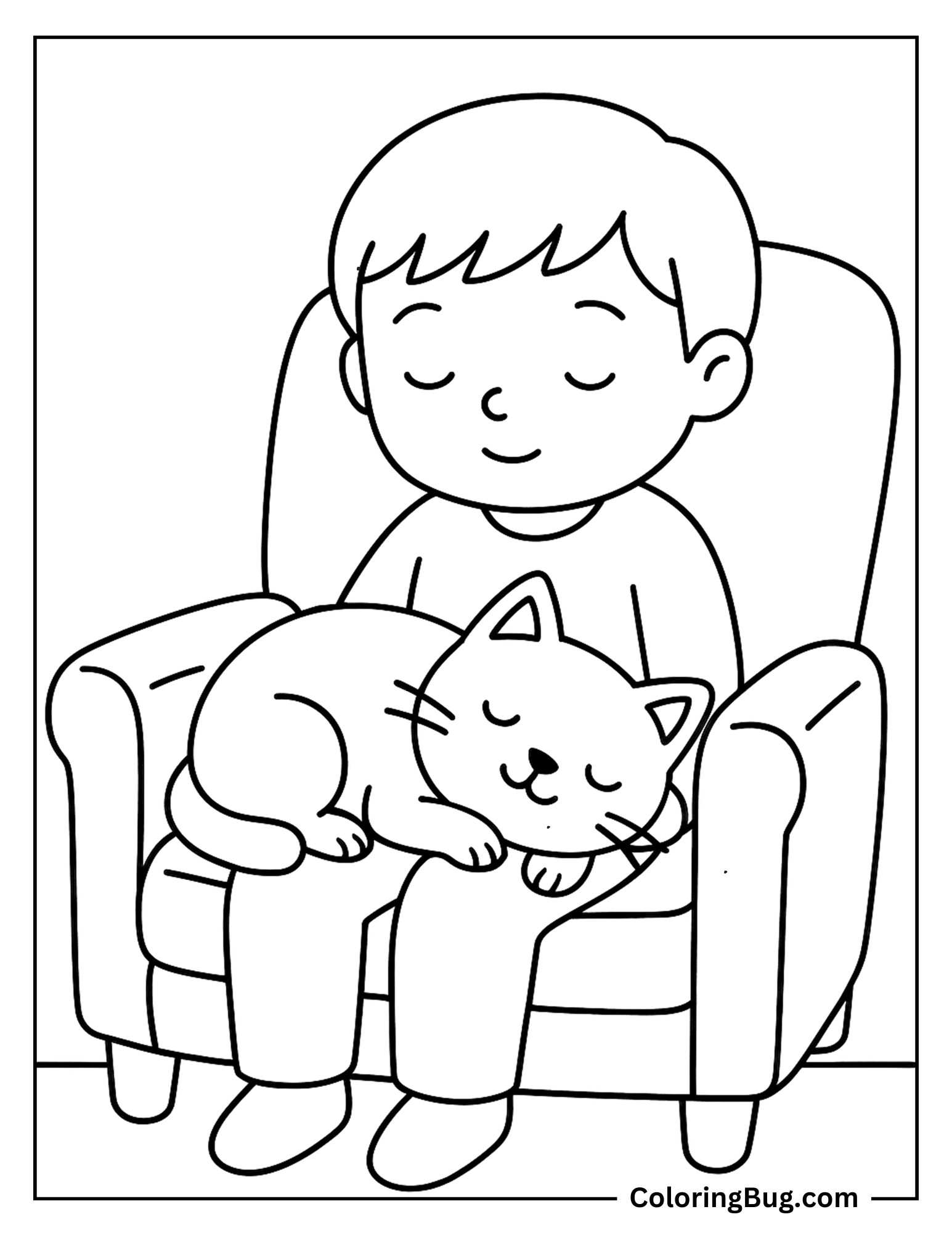 Cat Sleeping in Boy's Lap Coloring Sheet