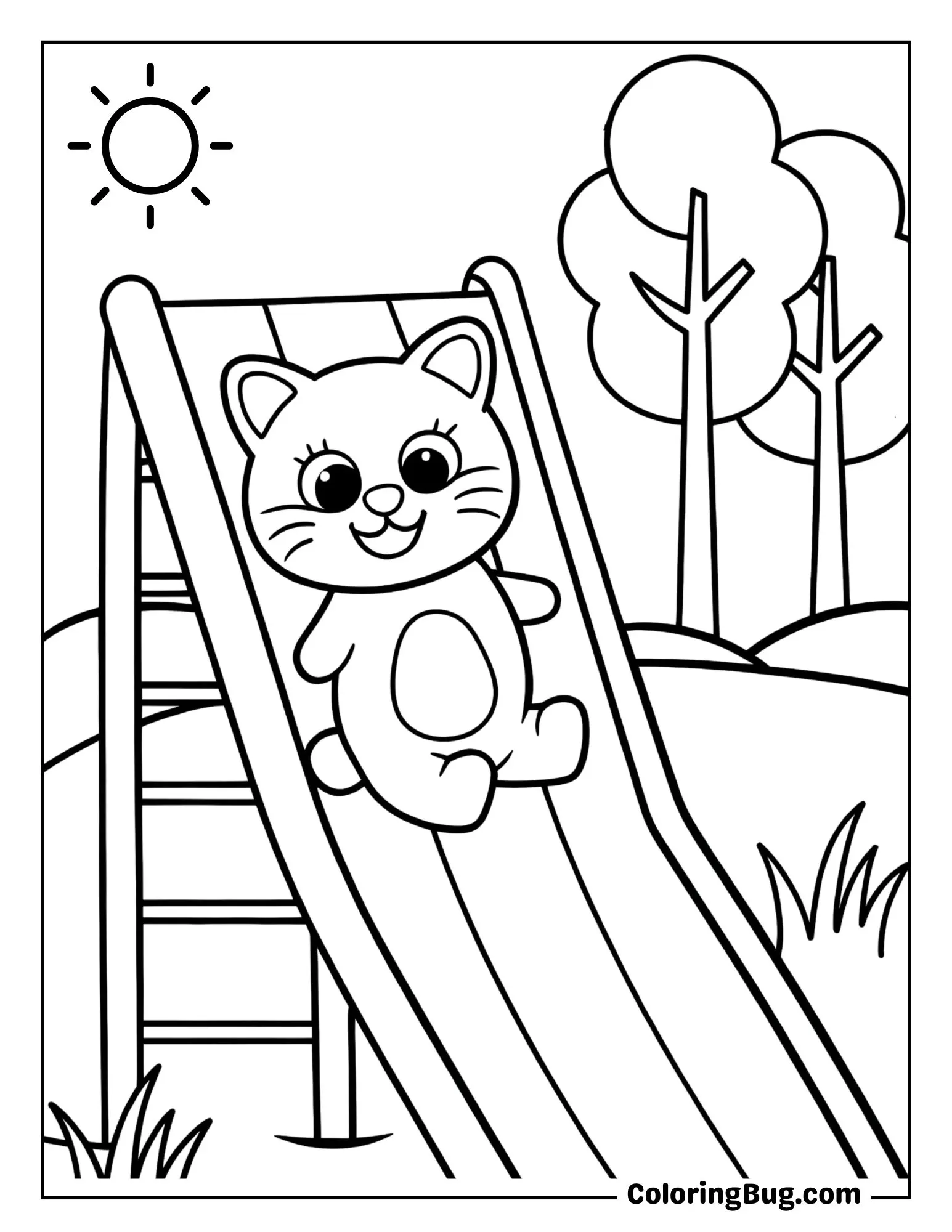Cat Sliding Down a Slide in Park Coloring Sheet