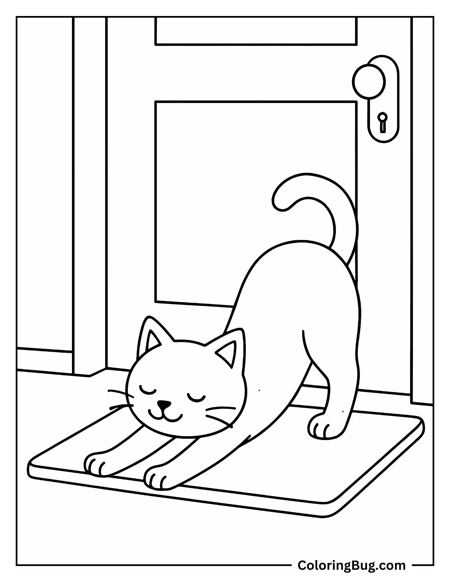 Cat Stretching on a Doormat Coloring Sheet