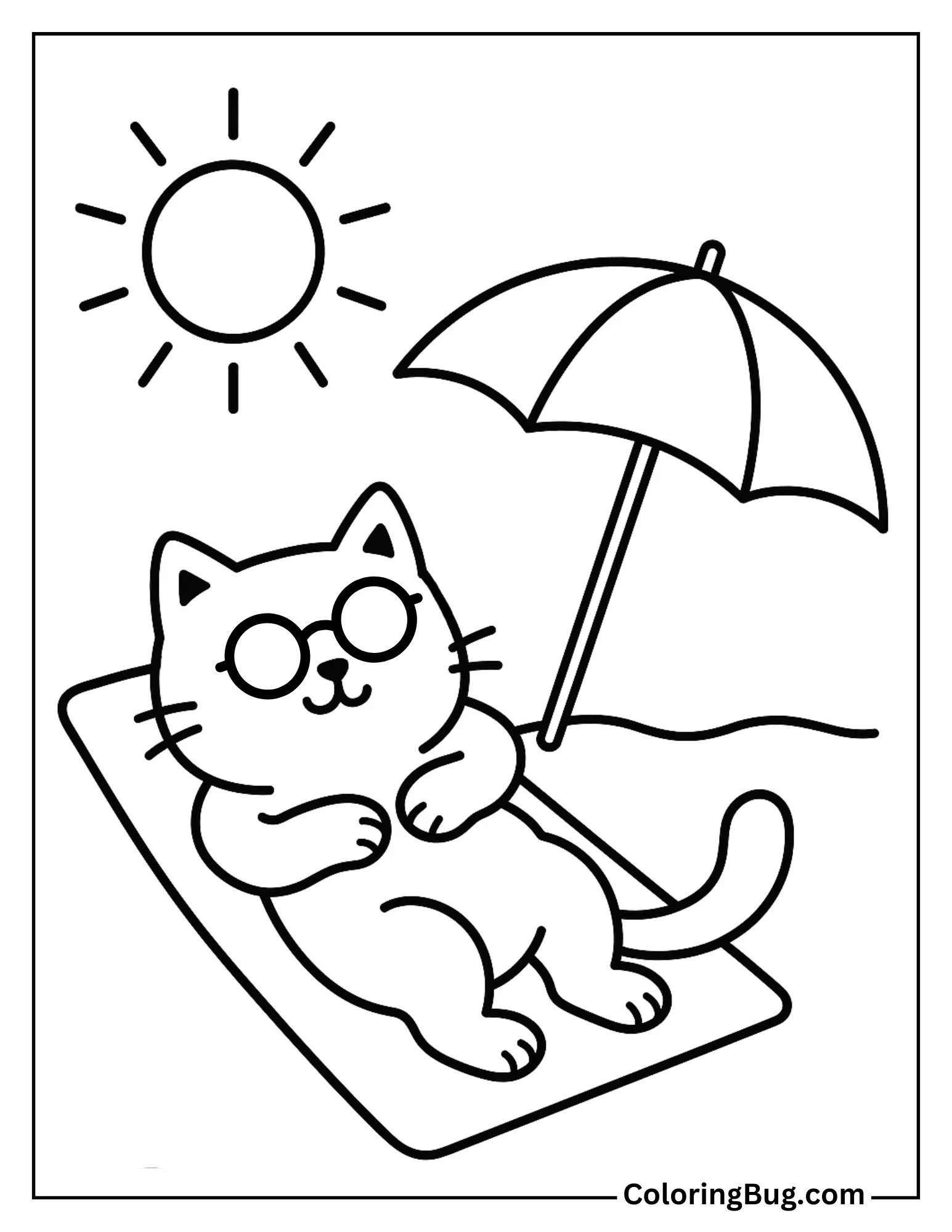 Cat Sunbathing on the Beach Coloring Sheet