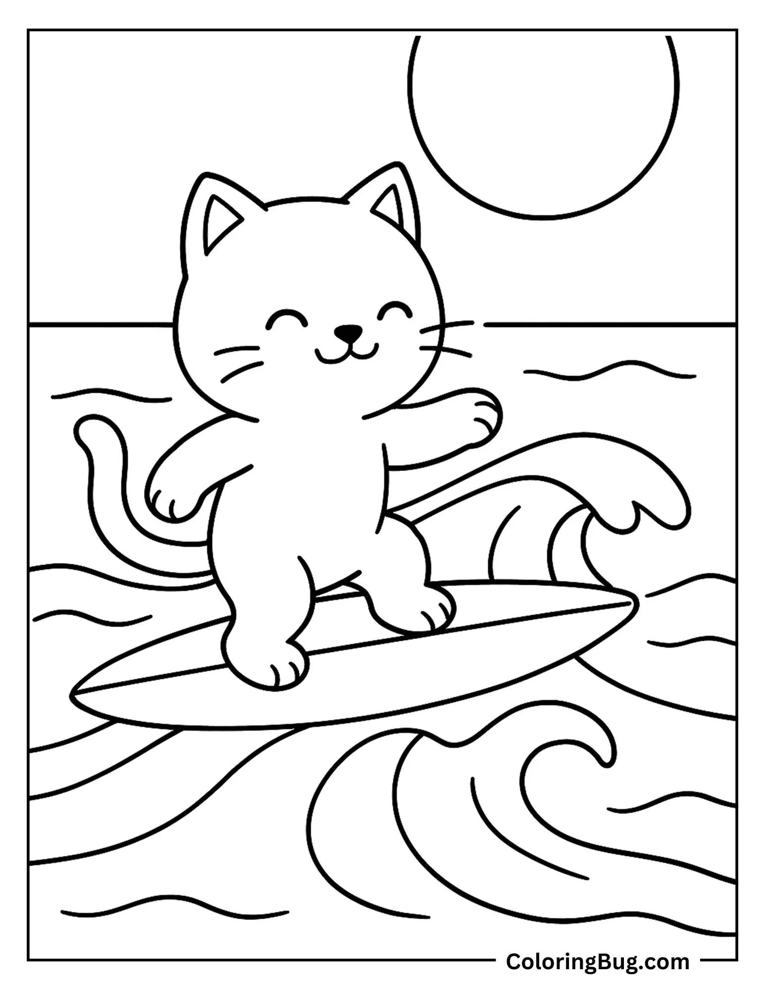 Cat Surfing on Surfer Board Coloring Sheet