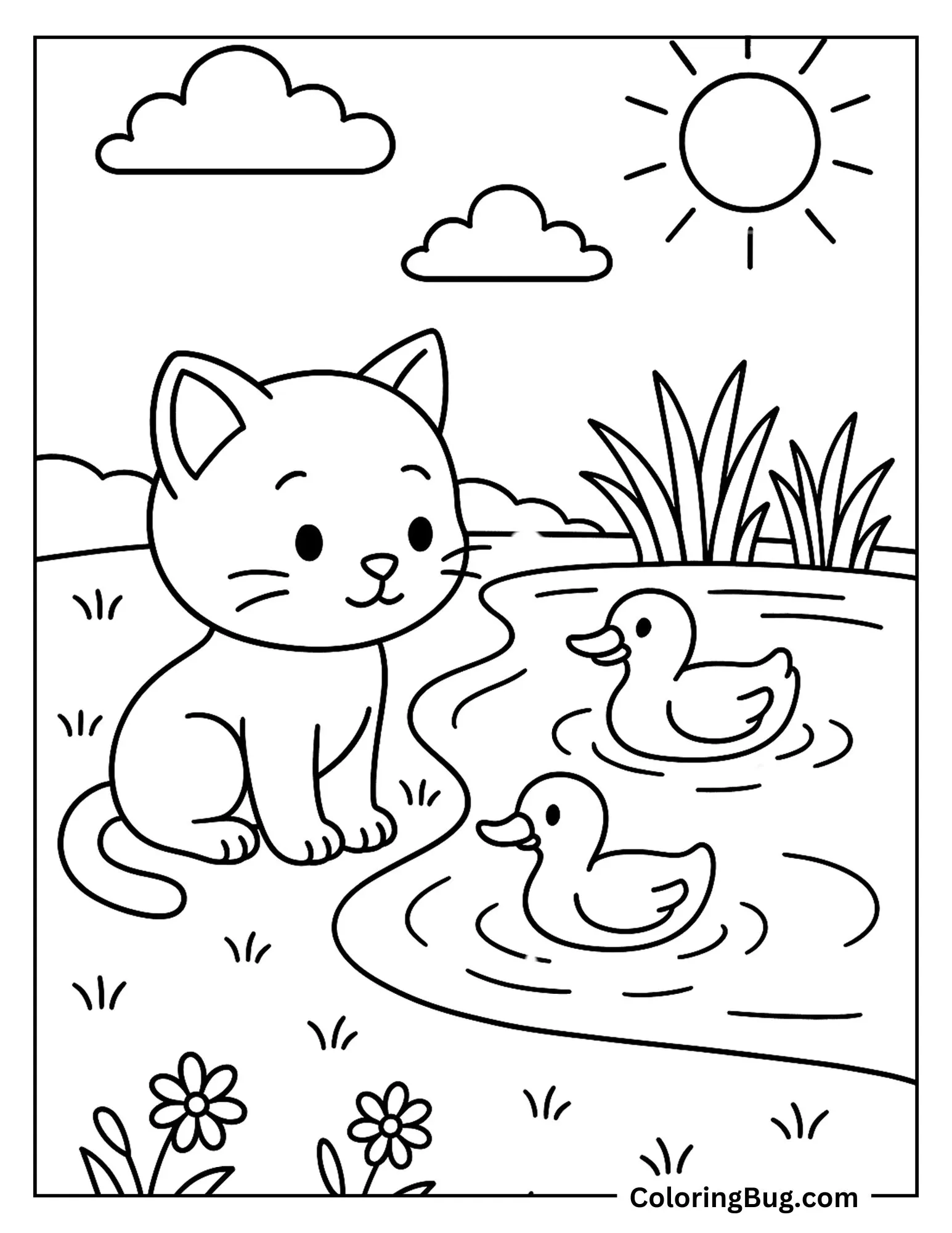 Cat Watching Ducklings Swimming in Pond During Hot Summer Day Coloring Sheet