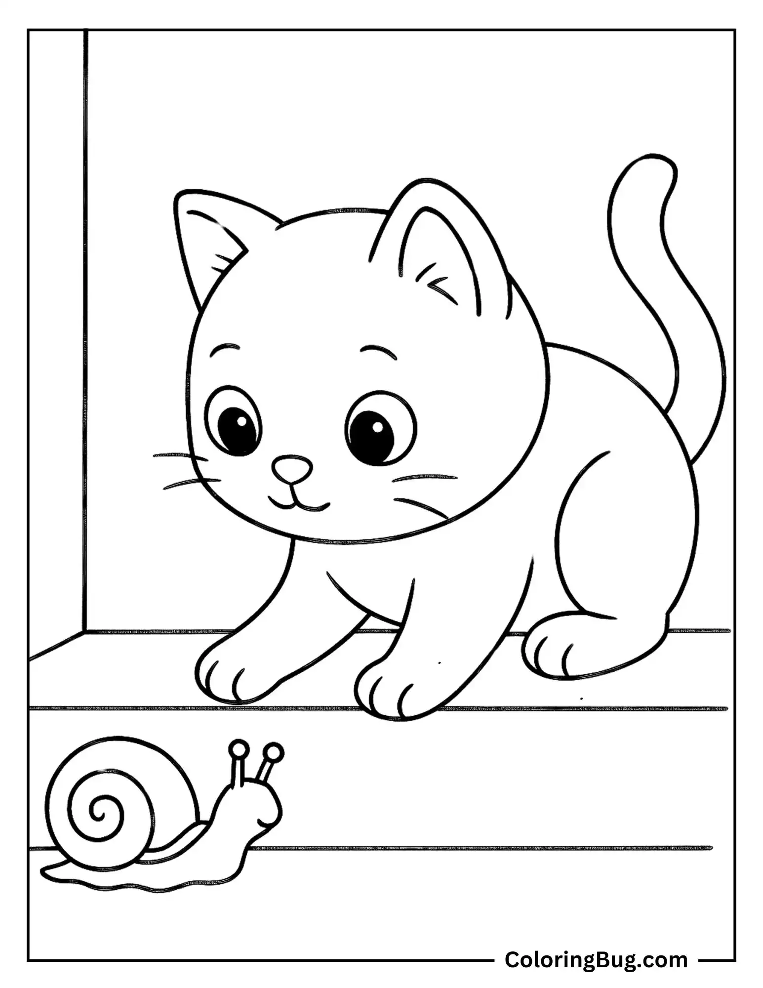 Cat Watching a Snail Crawl on the Step Coloring Sheet