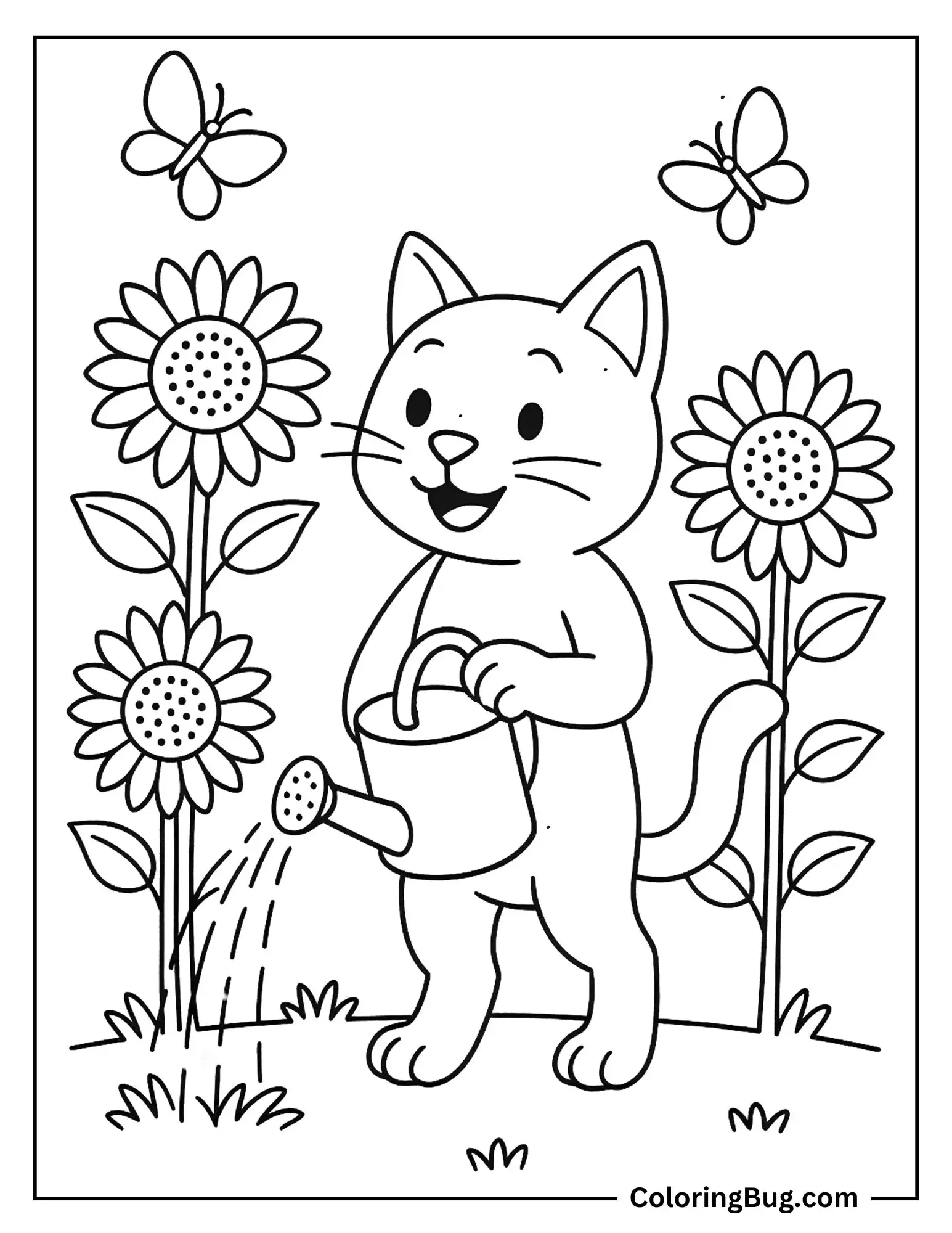 Cat Watering Sunflowers With Watering Can Coloring Sheet