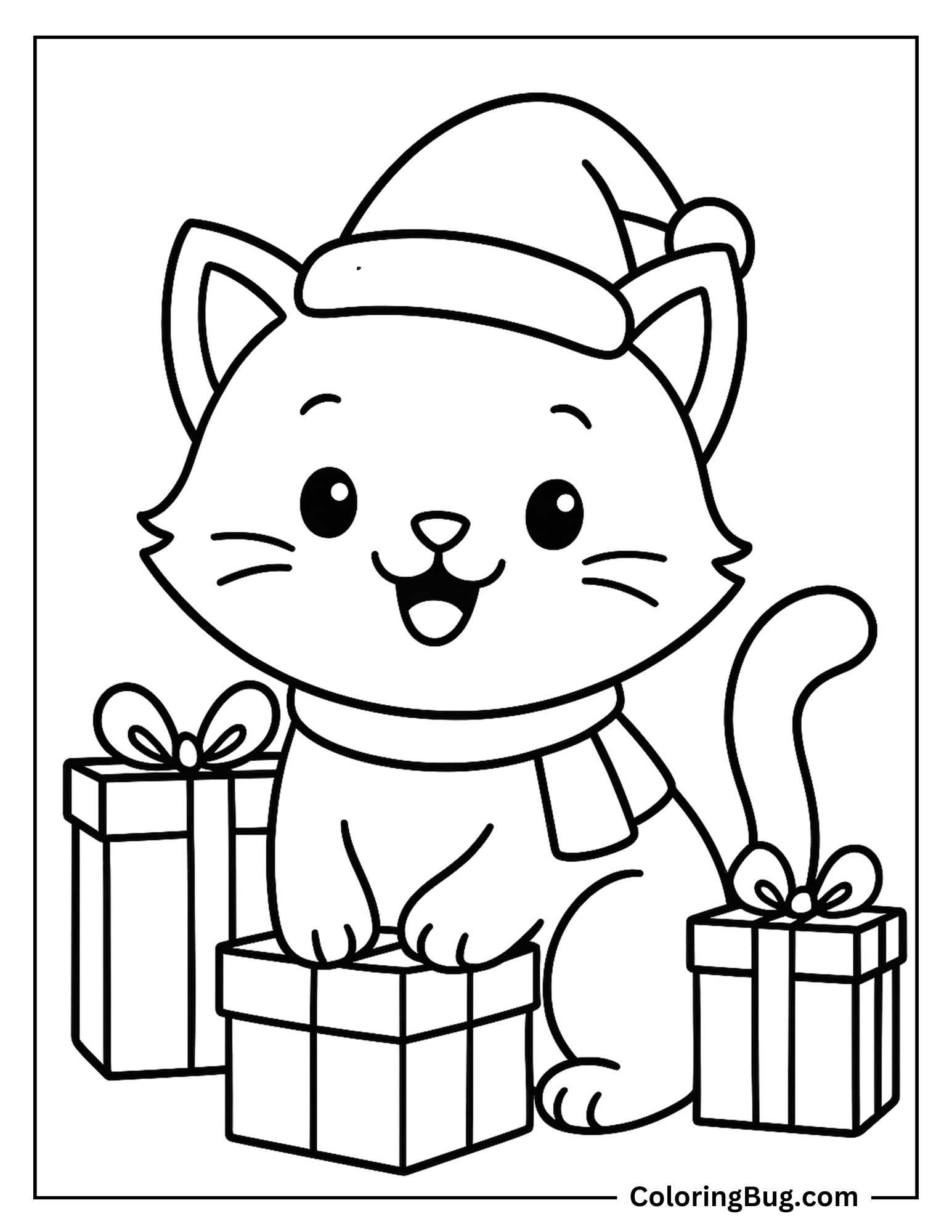 Cat Wearing Santa Hat With Presents Coloring Sheet