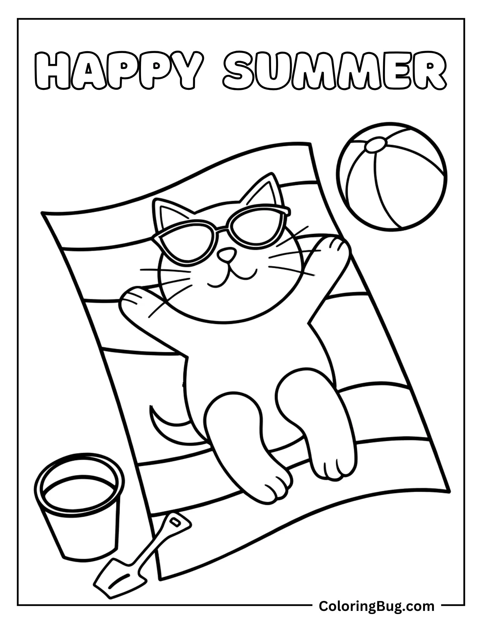 Cat Wearing Sunglasses Lounging on a Beach Towel Coloring Sheet