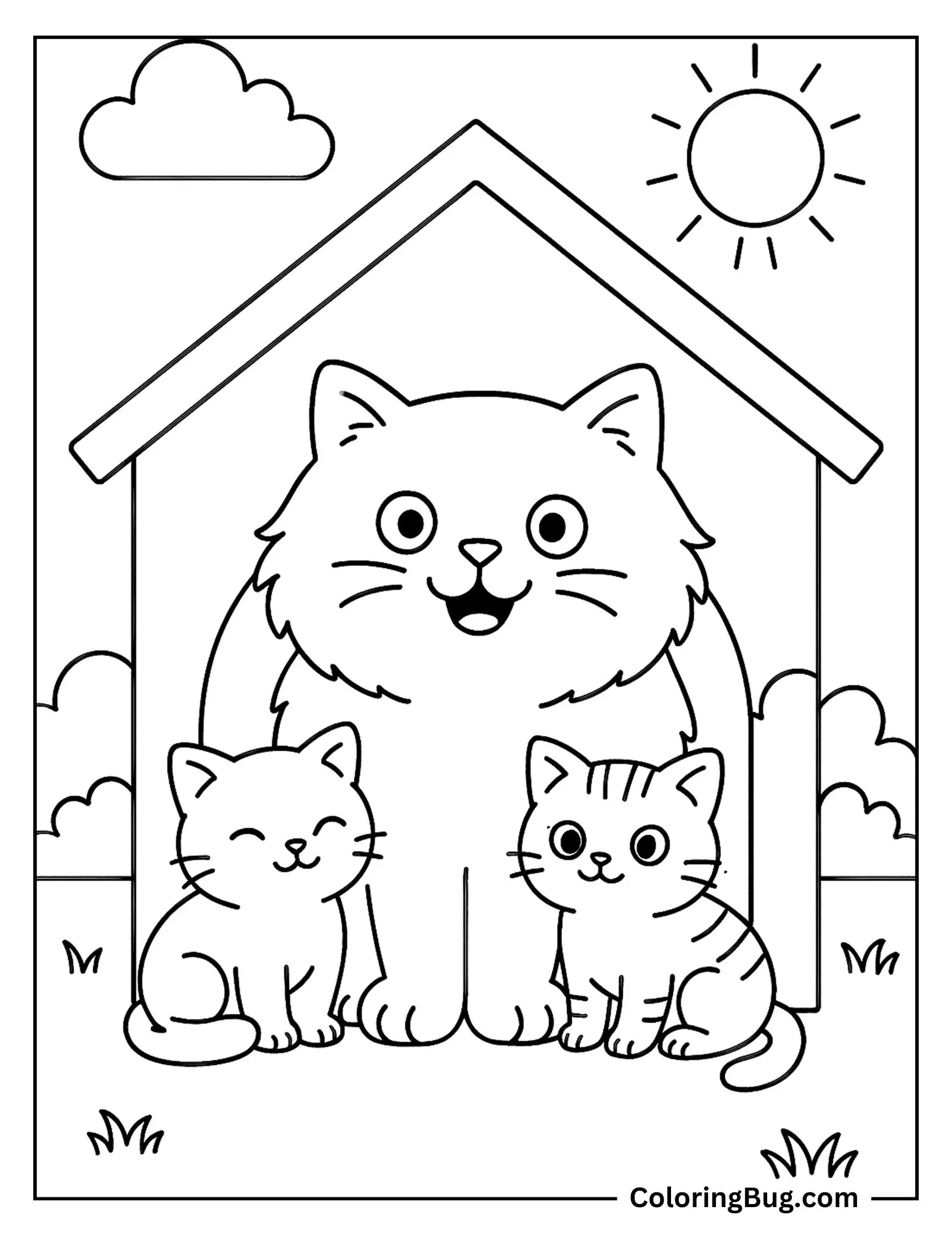 Cat With Her Kittens Coloring Sheet